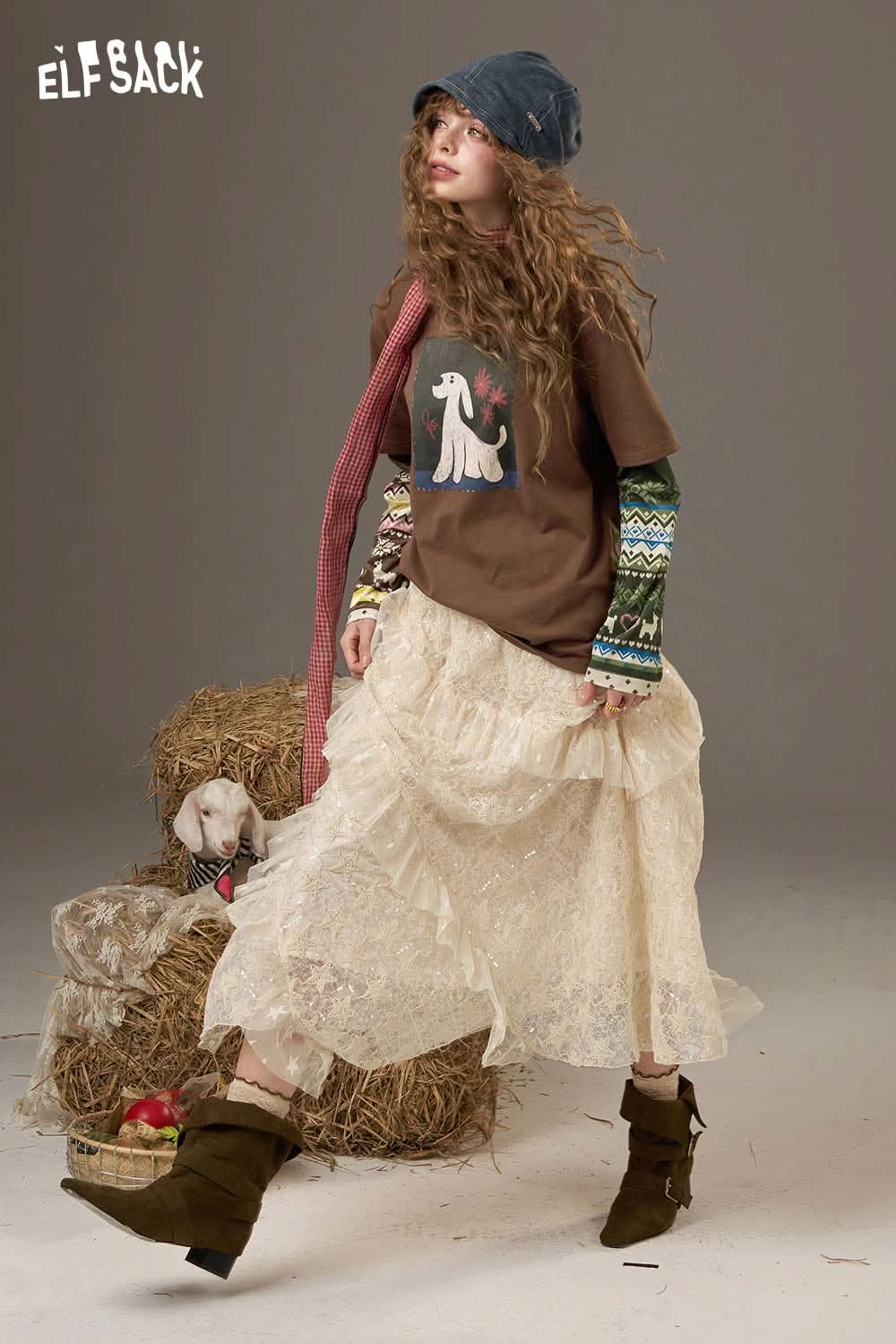 ELFSACK vintage print long sleeve t shirt styled with a layered skirt and accessories for a trendy look