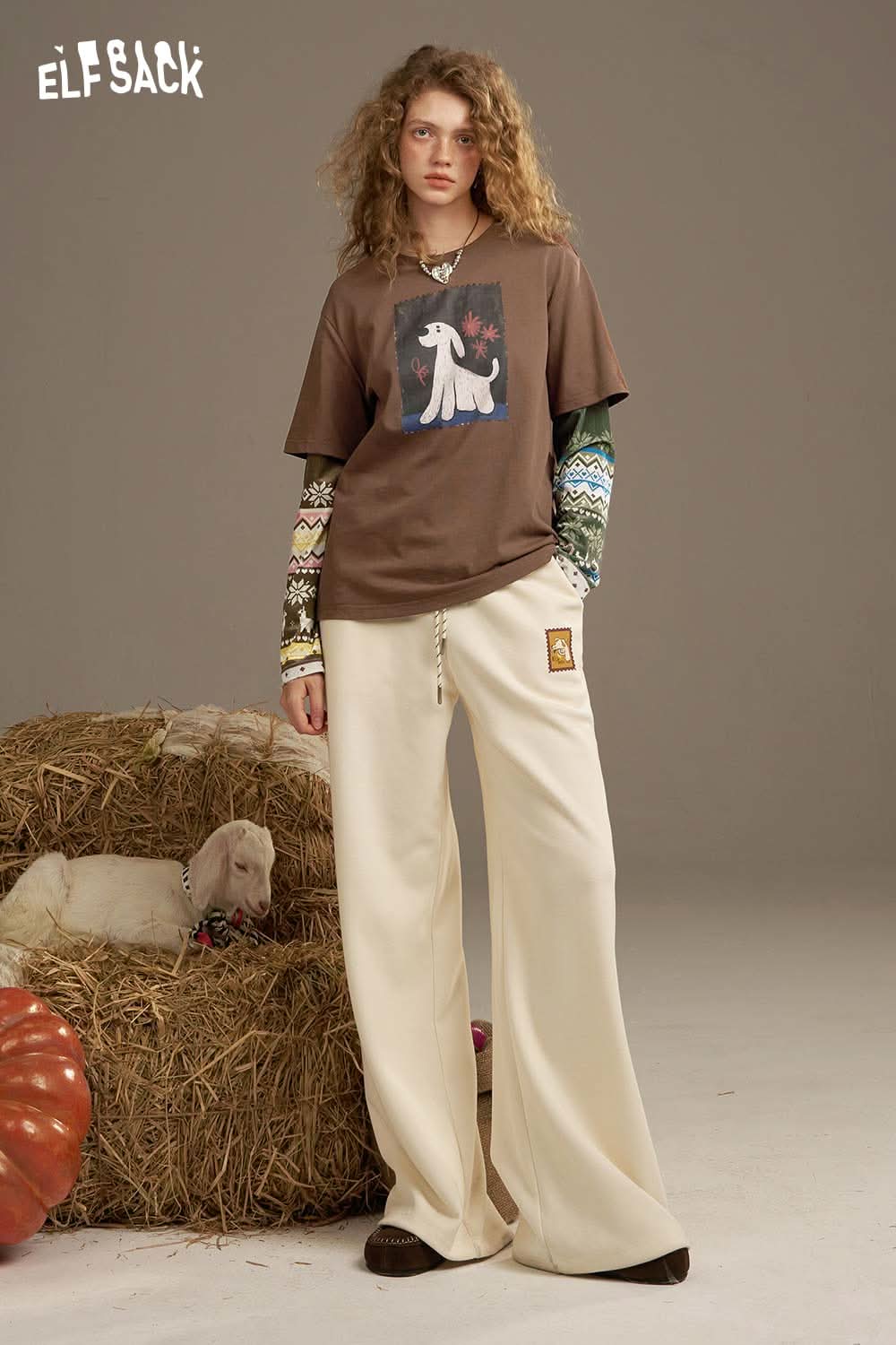 ELFSACK vintage print long sleeve t shirt in brown with a playful dog graphic and casual styling