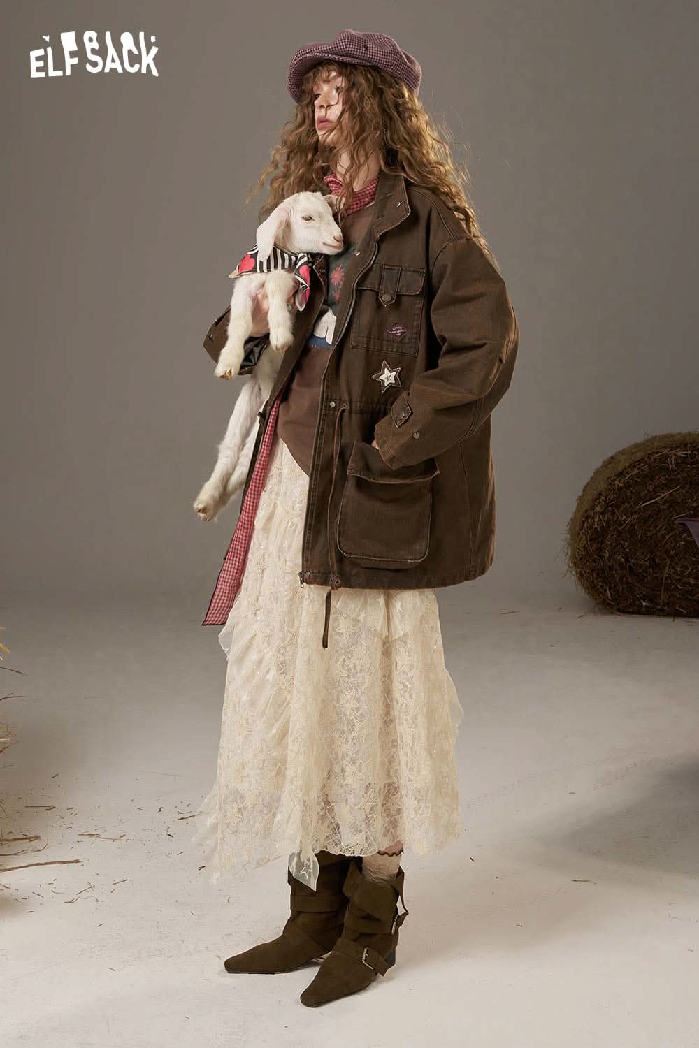 ELFSACK vintage print long sleeve t shirt paired with a stylish jacket and accessories