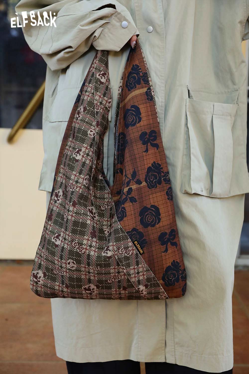 ELFSACK vintage stripe tote bag with a unique patchwork design featuring floral and check patterns