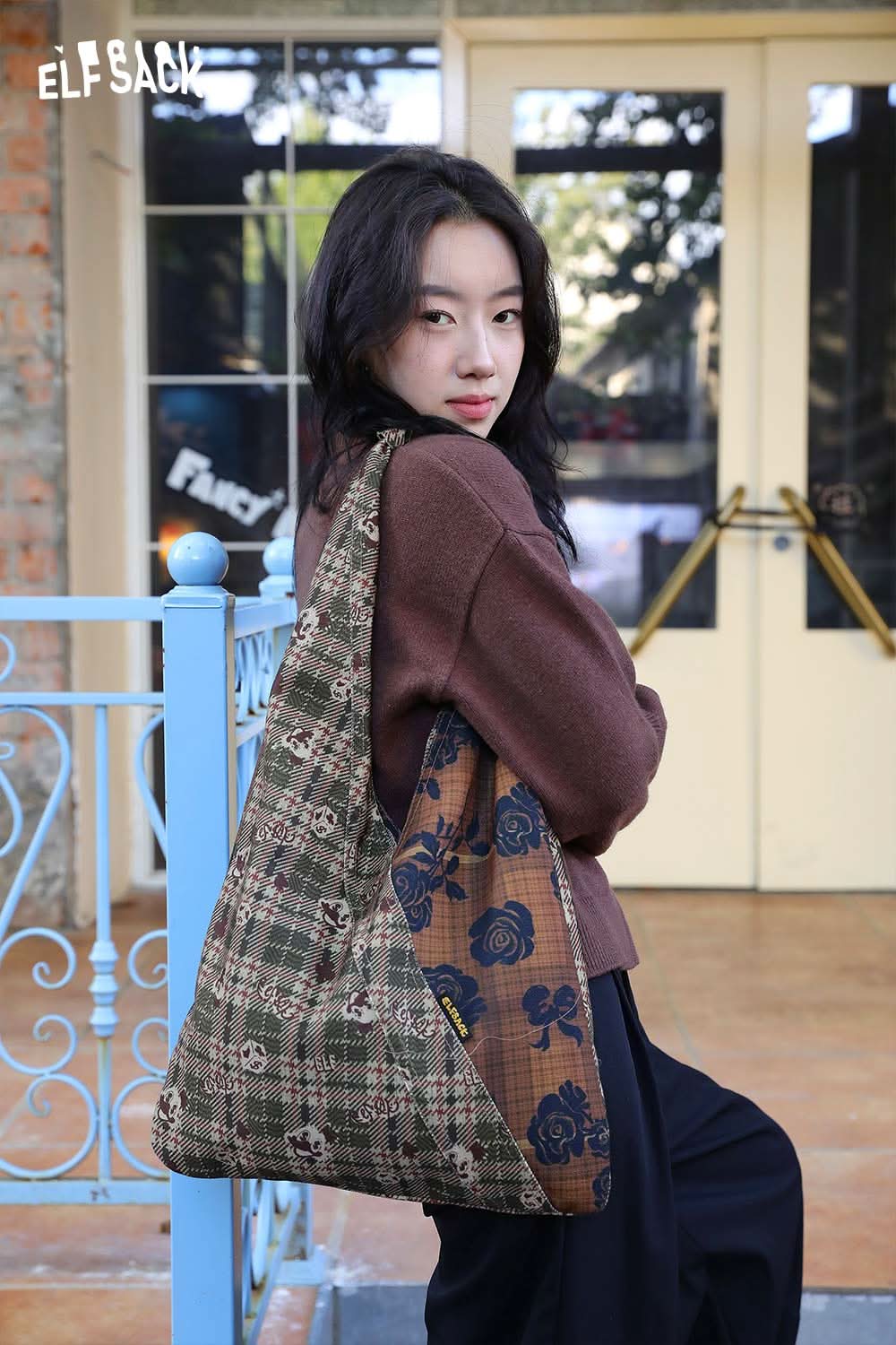 ELFSACK vintage stripe tote bag featuring a unique patchwork design with floral and plaid patterns