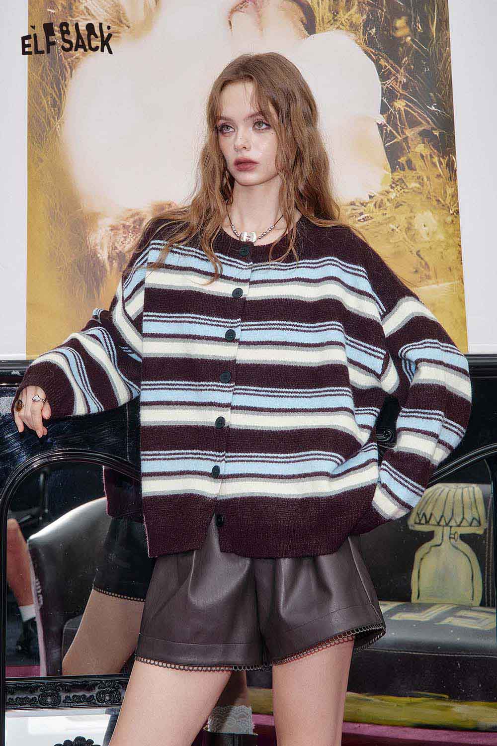 ELFSACK vintage striped knit cardigan in dark maroon and blue with button closure and relaxed fit