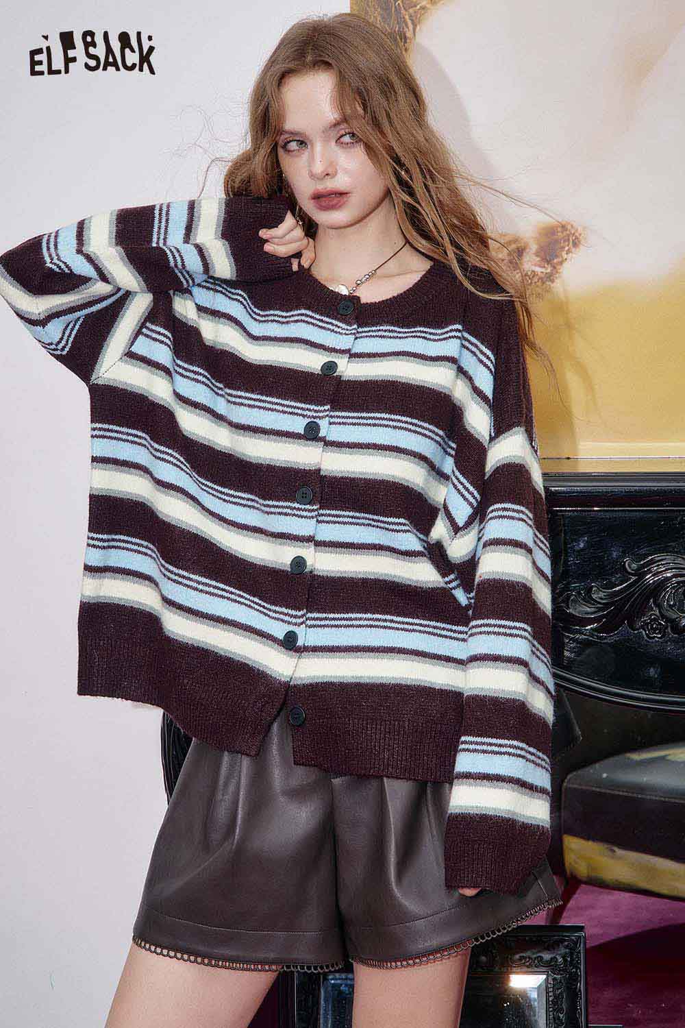 ELFSACK vintage striped knit cardigan in burgundy and blue with a relaxed fit and button closure