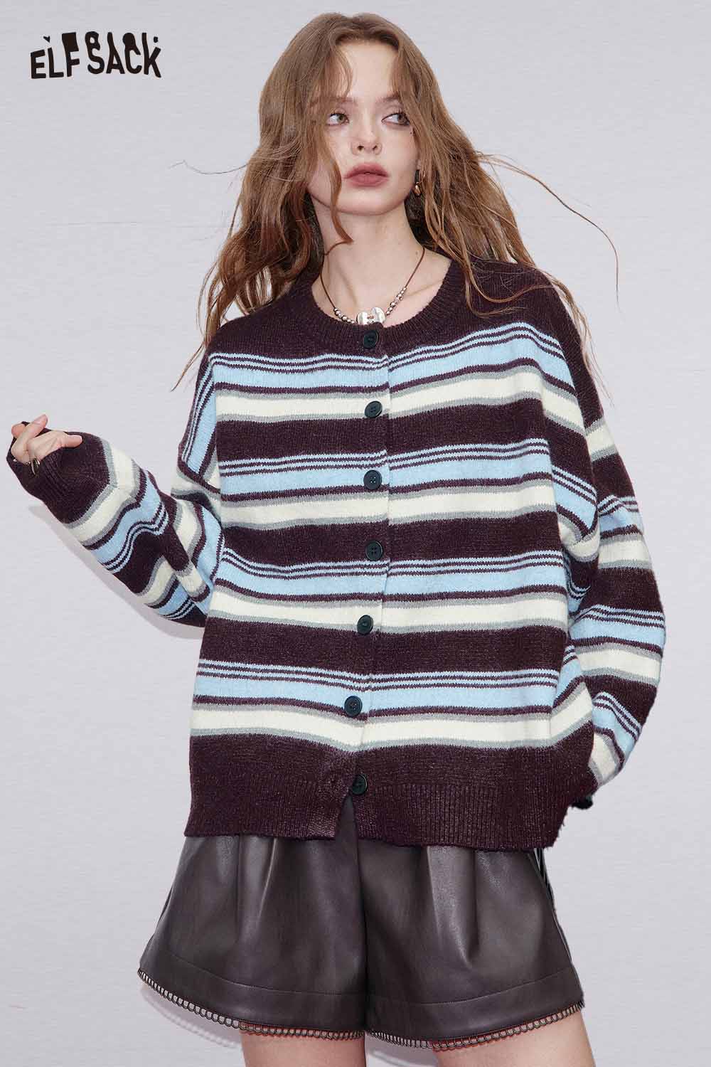 ELFSACK vintage striped knit cardigan with buttons and relaxed fit, styled with a leather skirt