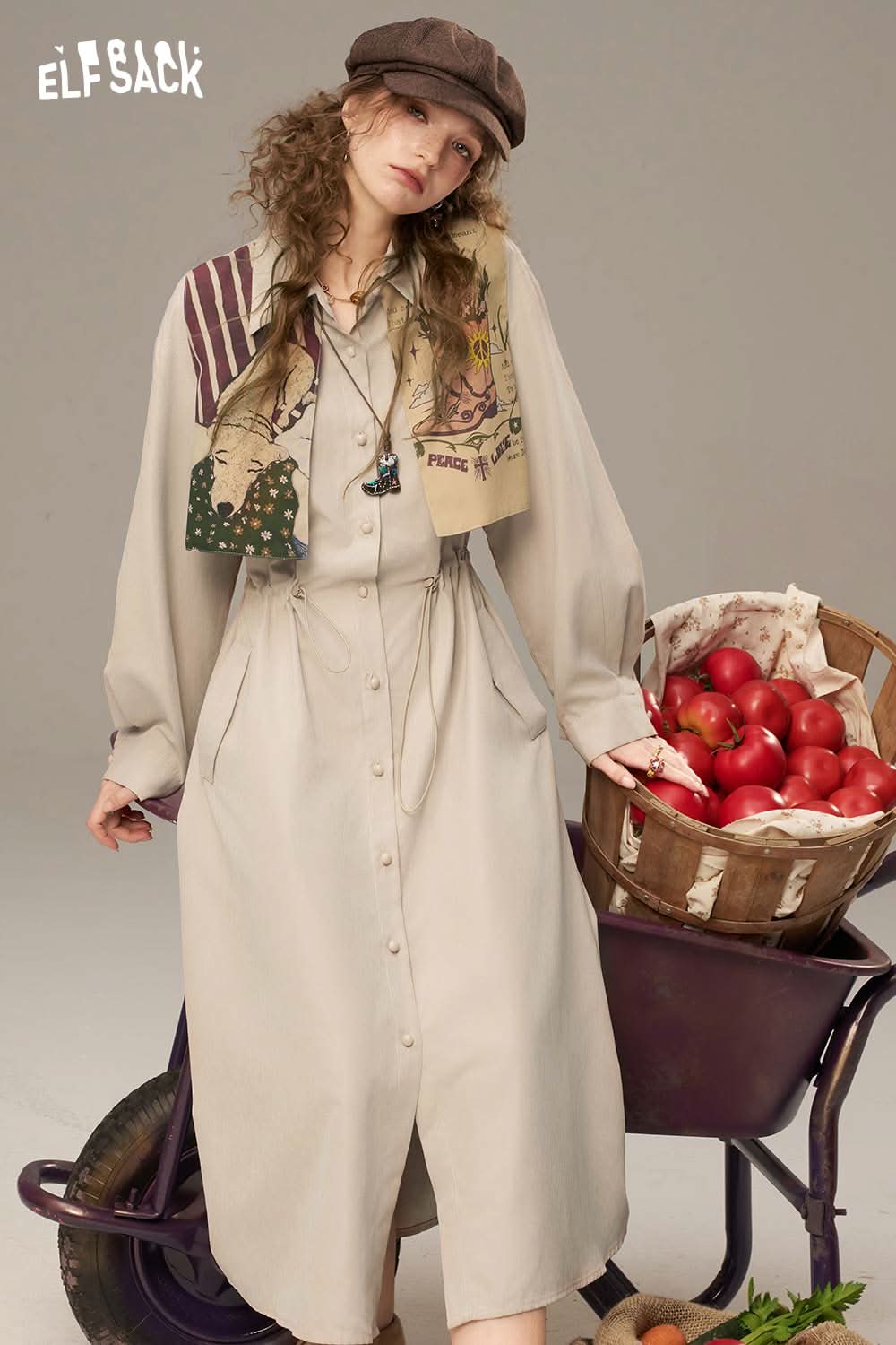 ELFSACK waist drawstring long dress in beige with button front and pockets, styled with a vintage scarf