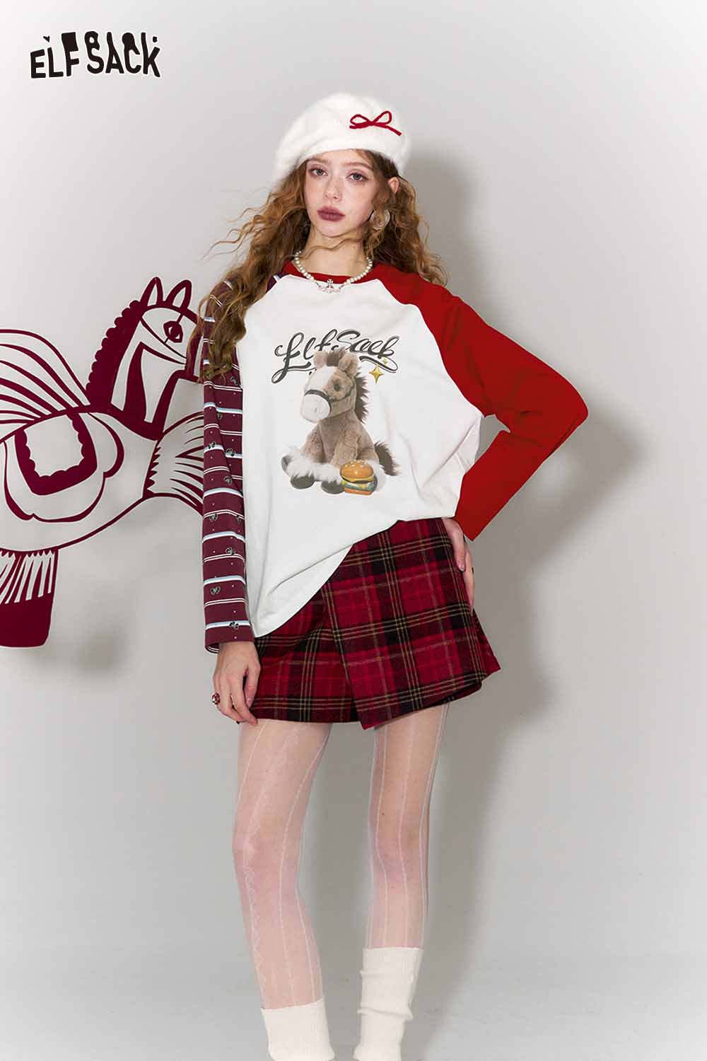 ELFSACK whimsical doll pony print t-shirt with colorful sleeves and playful design for casual wear