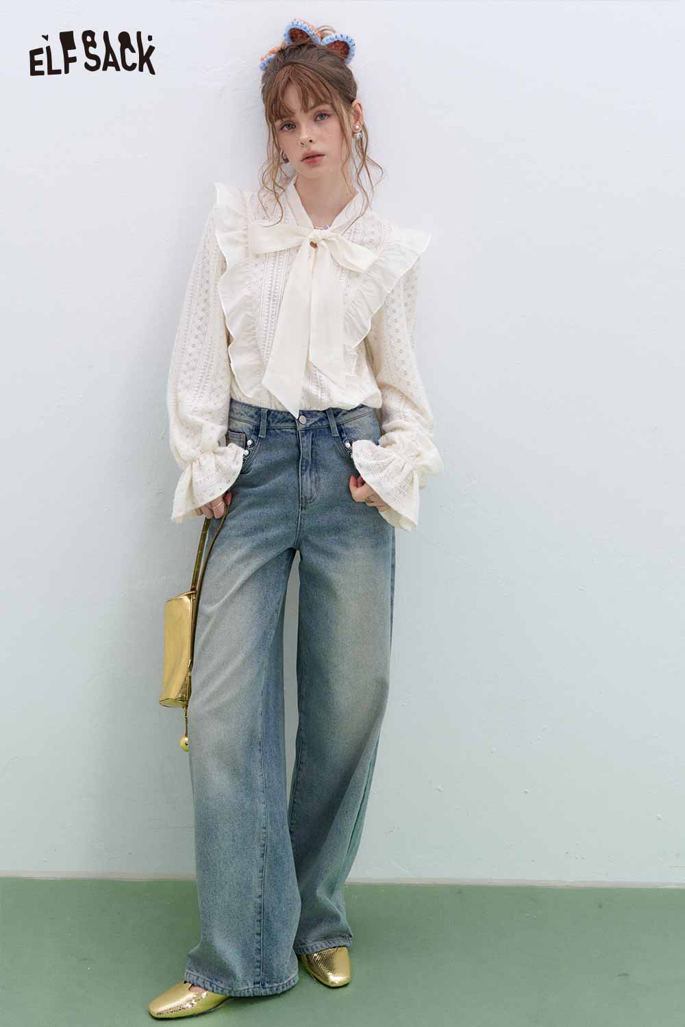White Bow Ruffle Lace Blouse – ELFSACK