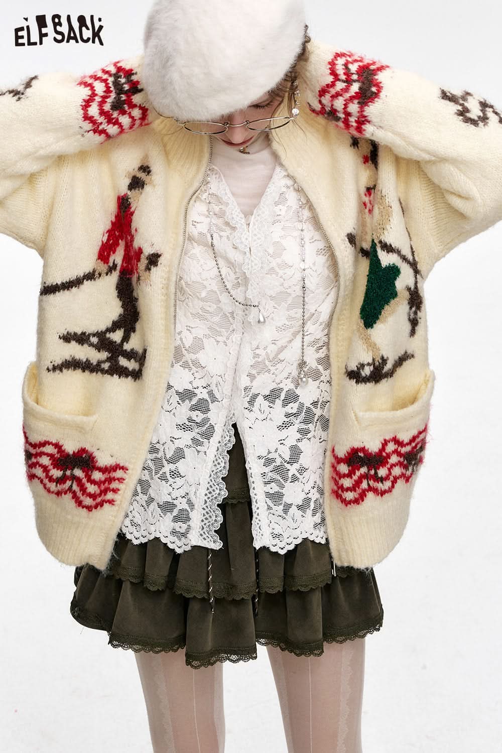 ELFSACK white lace chiffon shirt plus size layered under a cozy knitted sweater