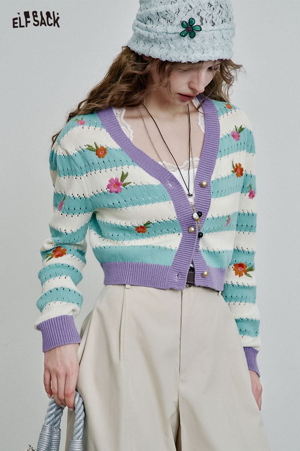 ELFSACK white lace square neck camisole worn under a colorful striped cardigan outfit