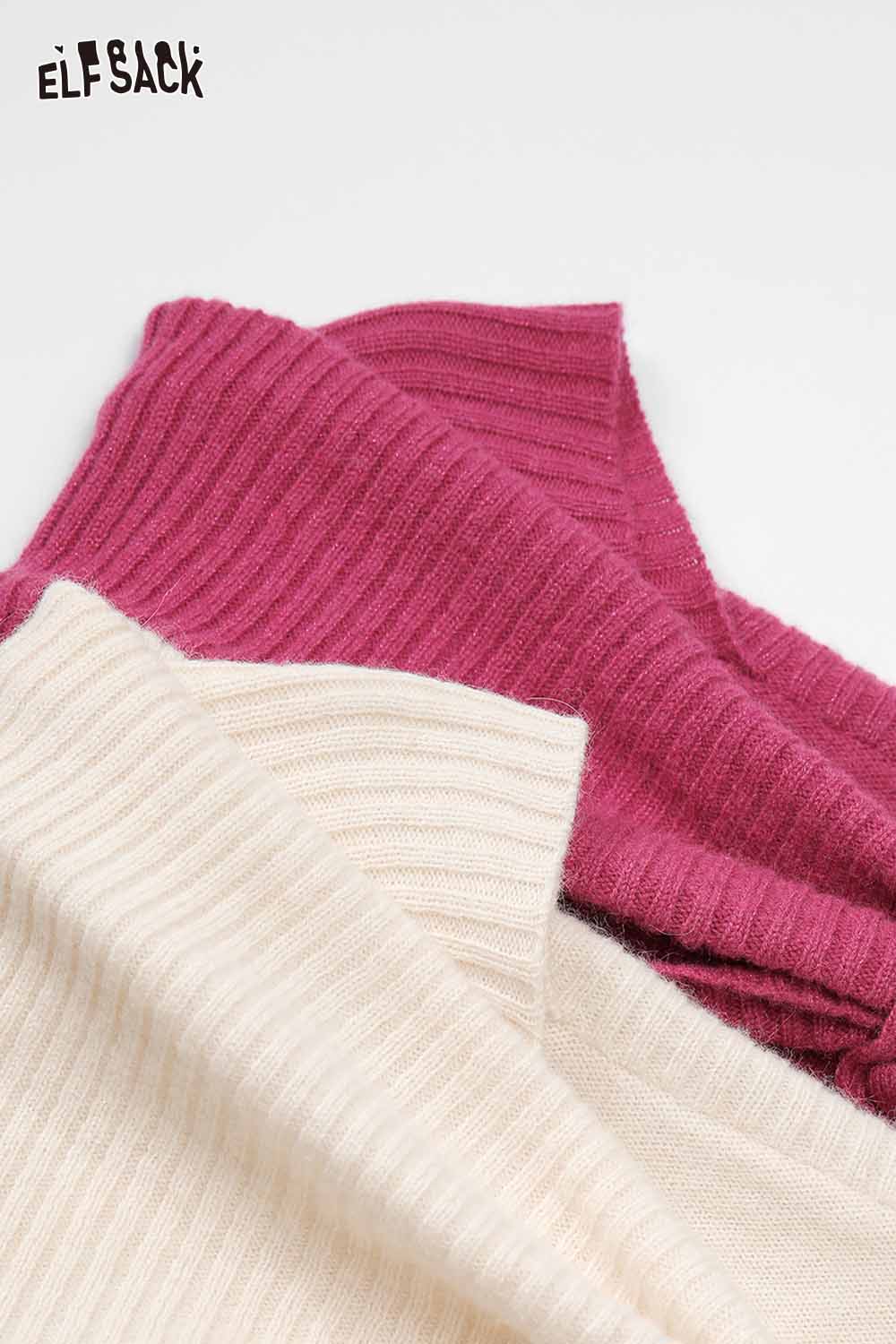 Soft ELFSACK bow collar sweater for women in cream, pink, and lavender colors, perfect for stylish layering