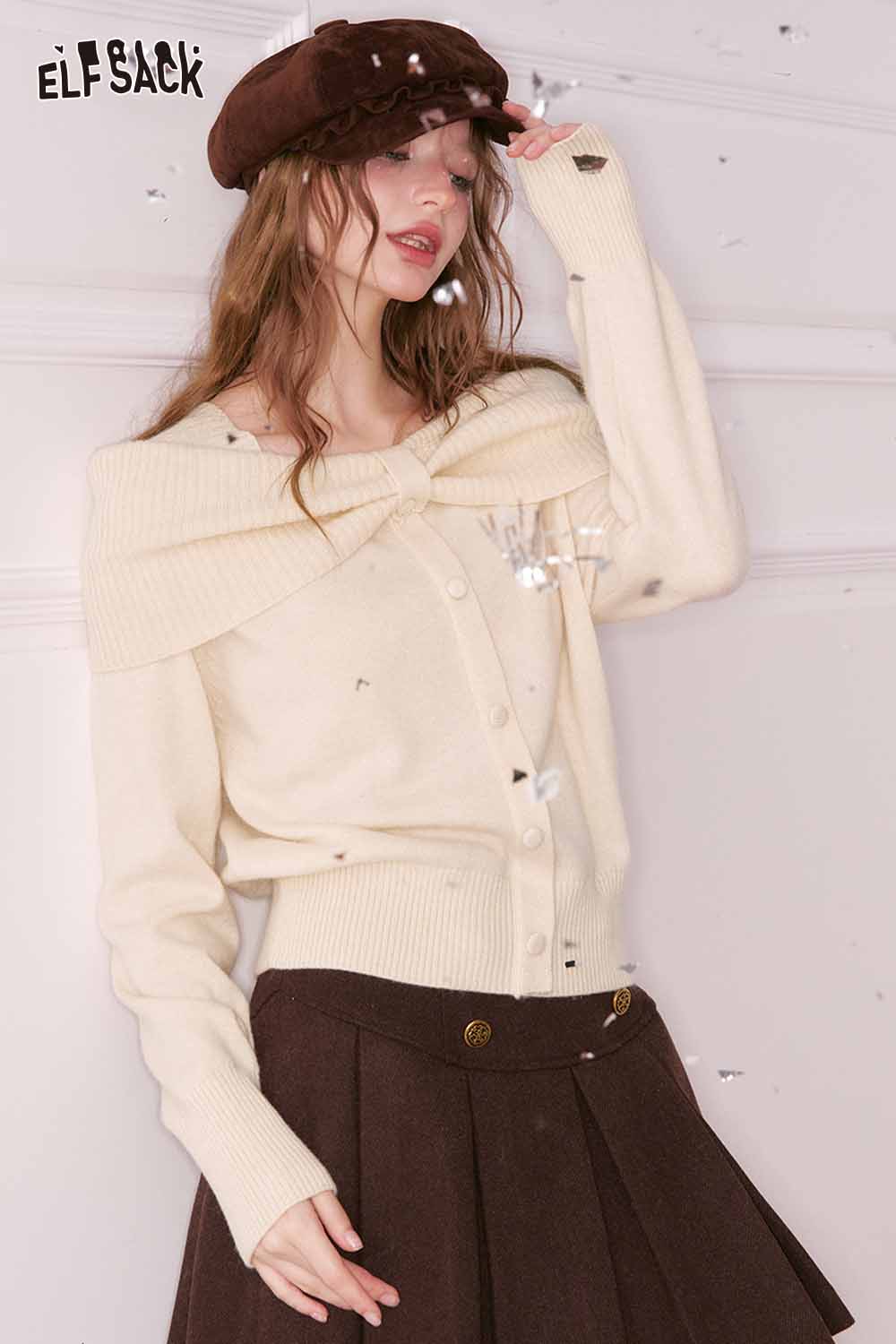 ELFSACK bow collar sweater for women in cream color with button-down design and off-shoulder style