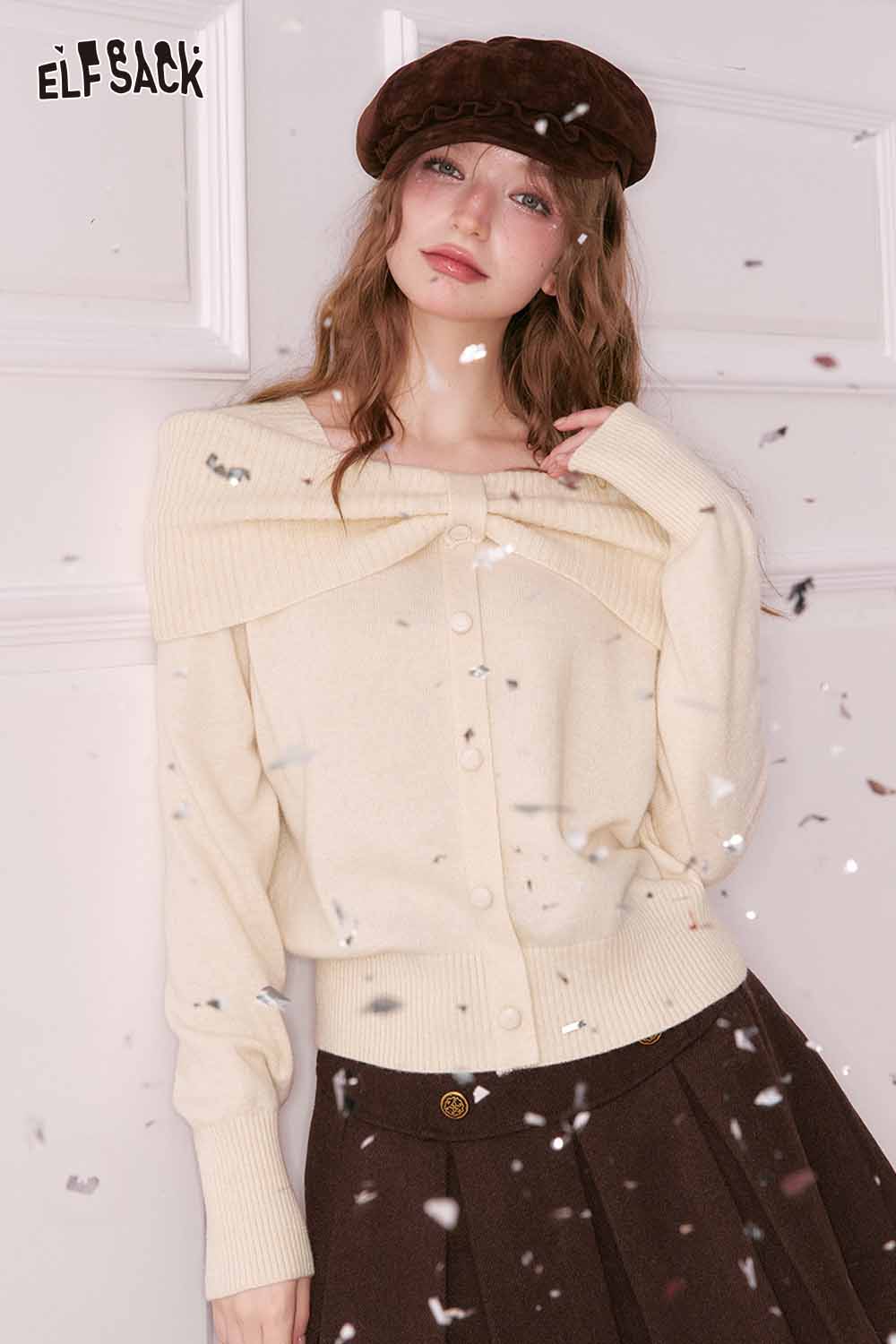 ELFSACK bow collar sweater for women in cream color with button details and a stylish design