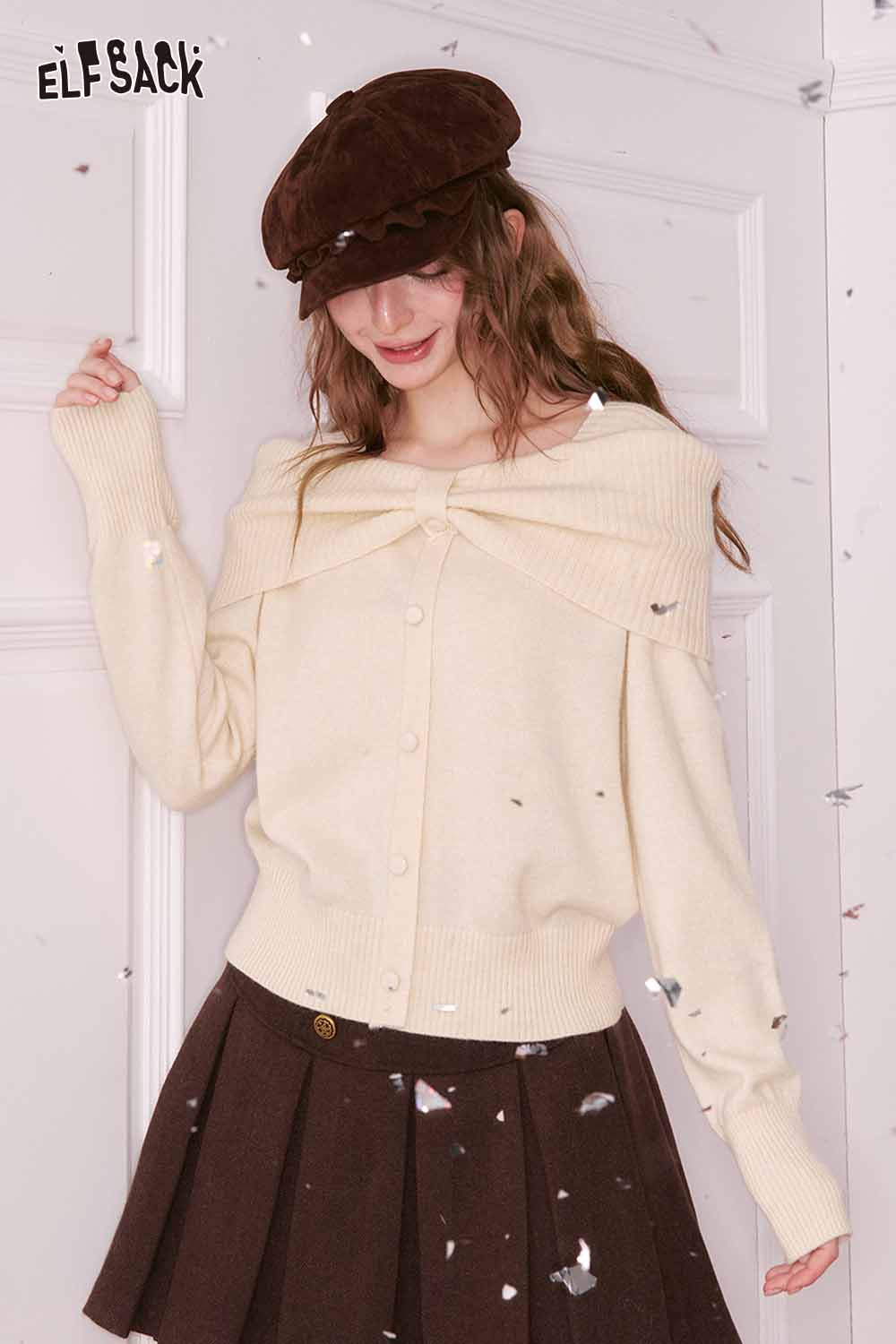 Cream ELFSACK bow collar sweater for women featuring a stylish button-up design and relaxed fit