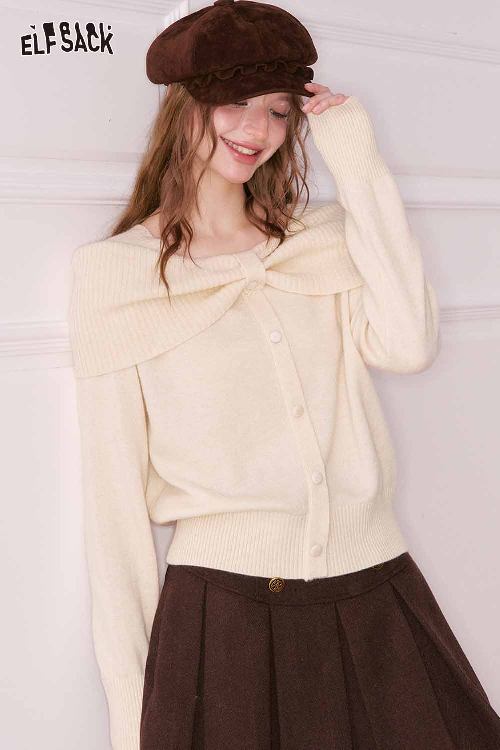ELFSACK bow collar sweater for women in cream color with button closure and relaxed fit