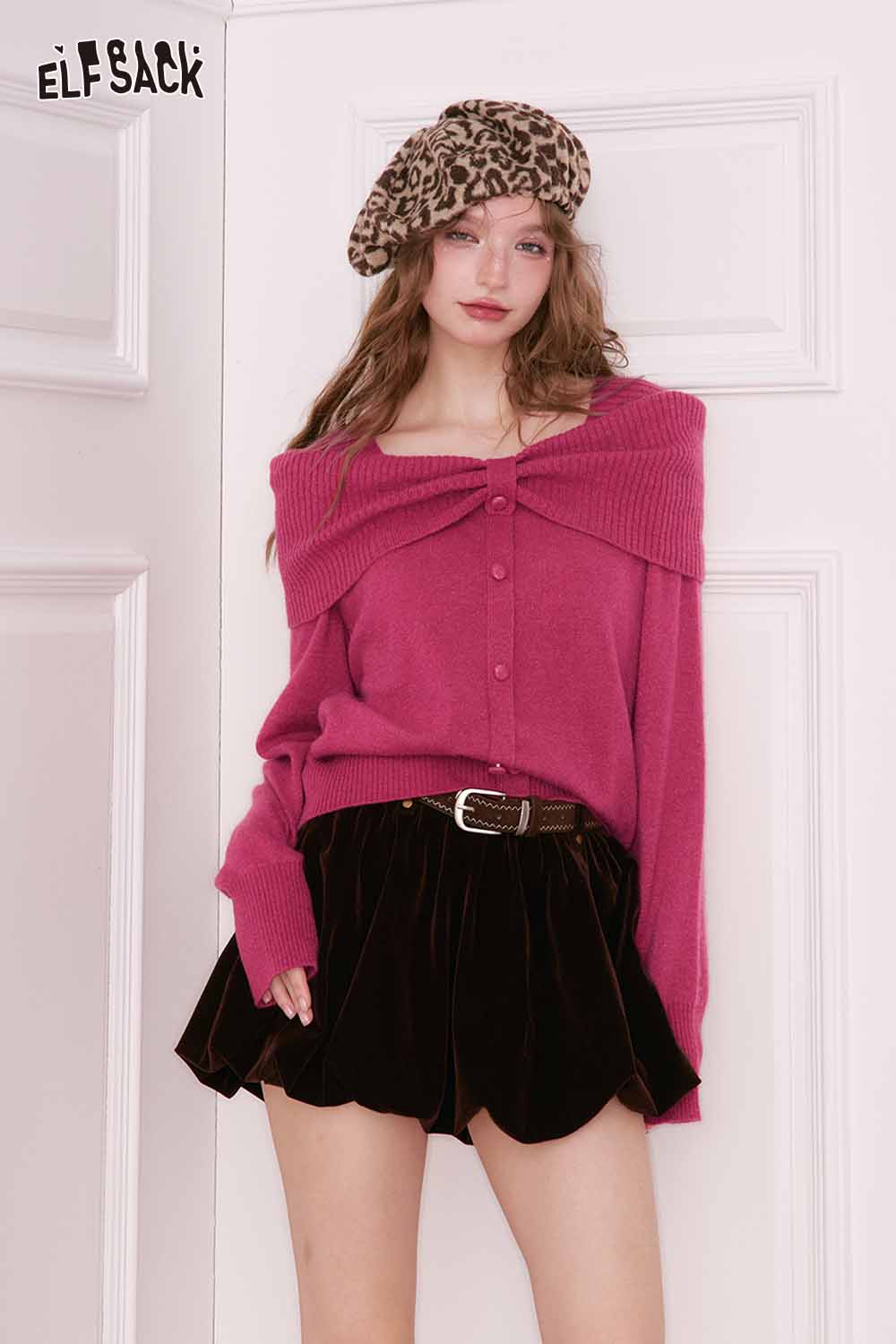 ELFSACK pink bow collar sweater for women with off-shoulder design and buttons