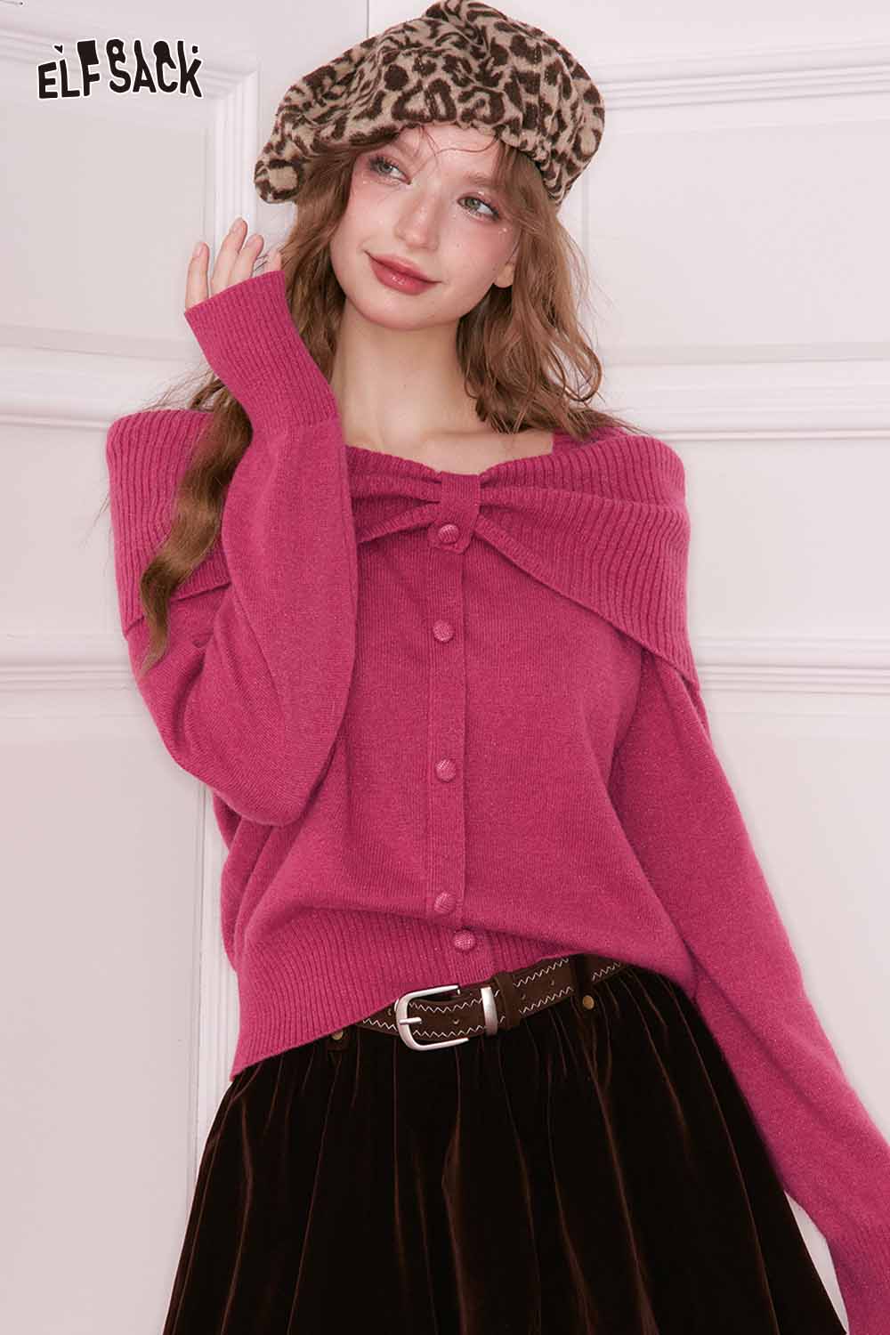 ELFSACK bow collar sweater for women in pink with button details and off-shoulder design