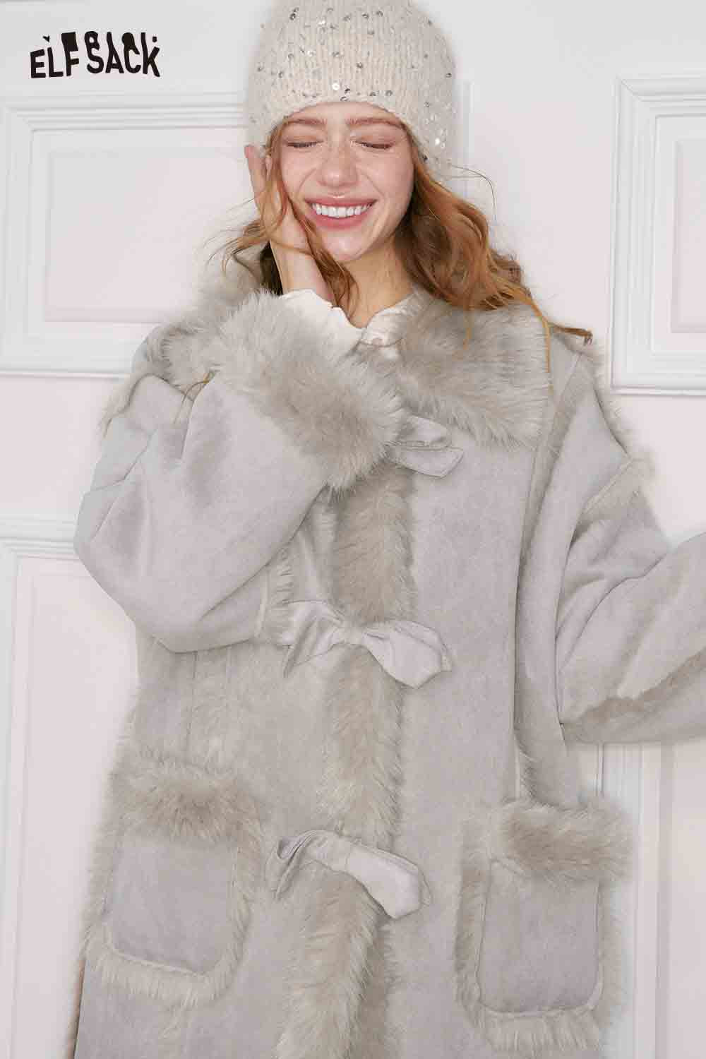 ELFSACK Long Wool Coat for Women with Fur Trim and Pockets in Soft Grey Color
