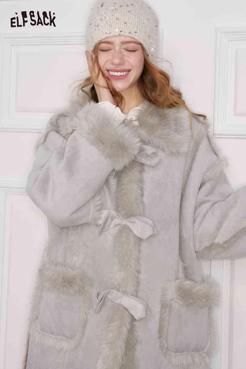 ELFSACK Long Wool Coat for Women with Fur Trim and Pockets in Soft Grey Color