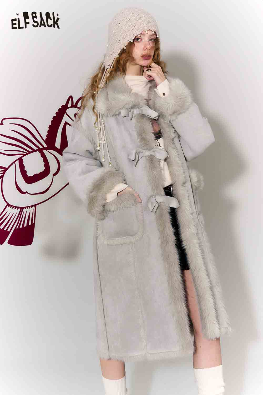 ELFSACK Long Wool Coat for Women with Fur Trim and Stylish Toggle Fastening