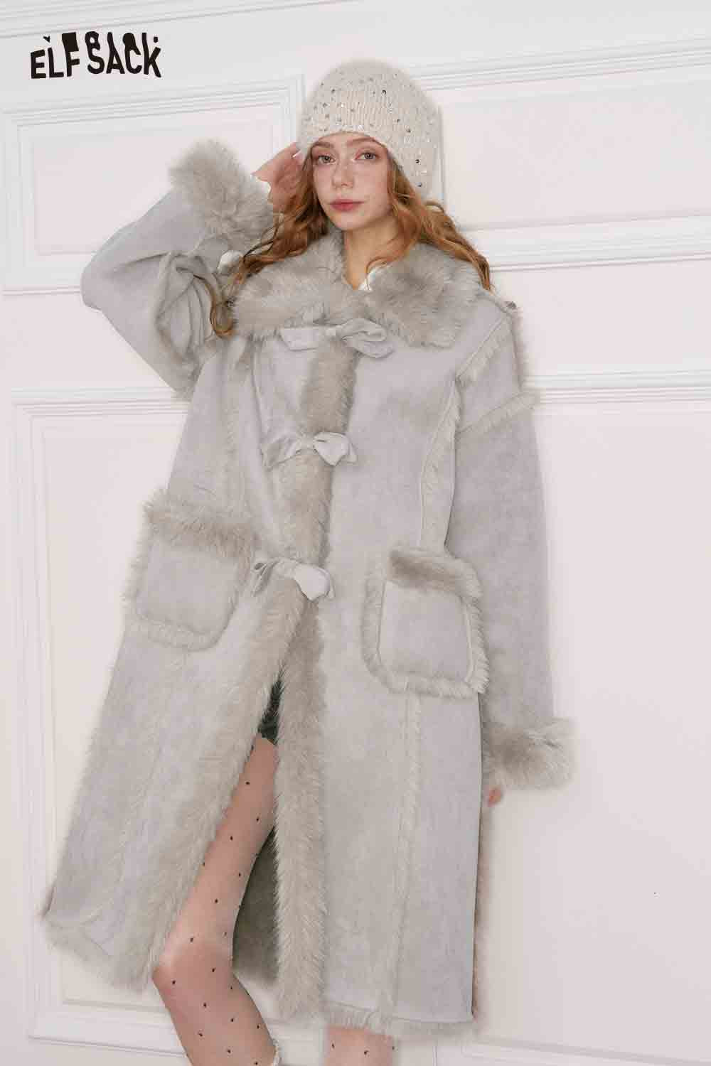 ELFSACK long wool coat for women with fur trim and button details in soft gray