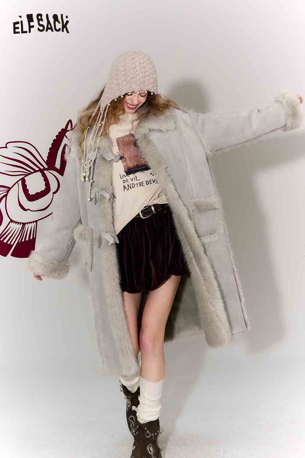 ELFSACK Long Wool Coat for Women in Light Grey with Soft Texture and Oversized Fit