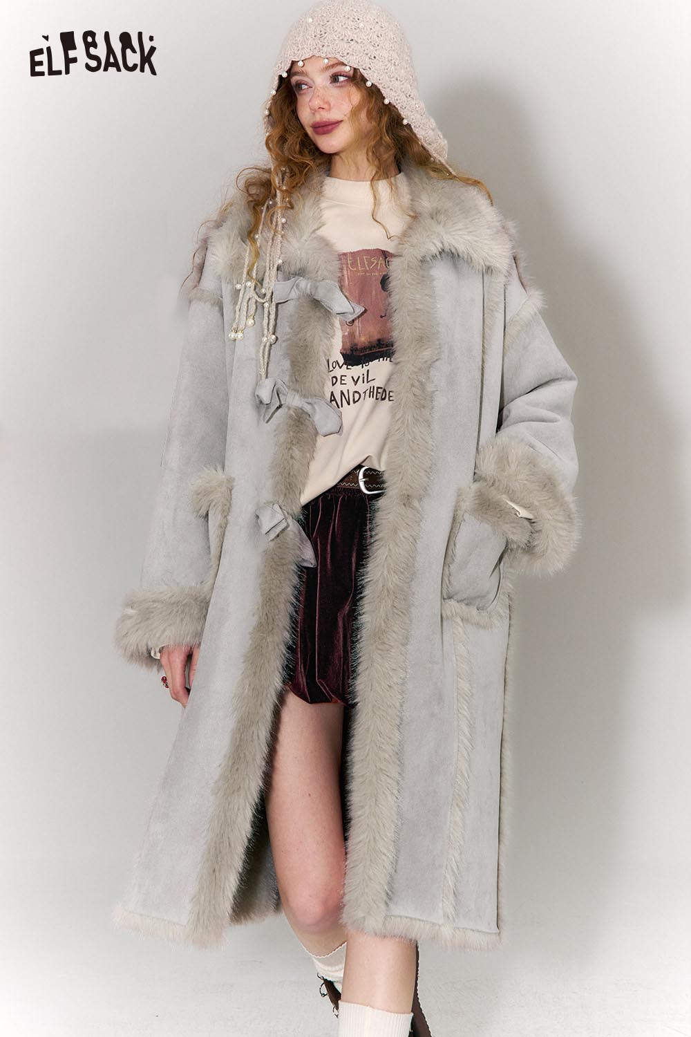 ELFSACK Long Wool Coat for Women with Soft Fur Trim and Unique Design in Light Gray