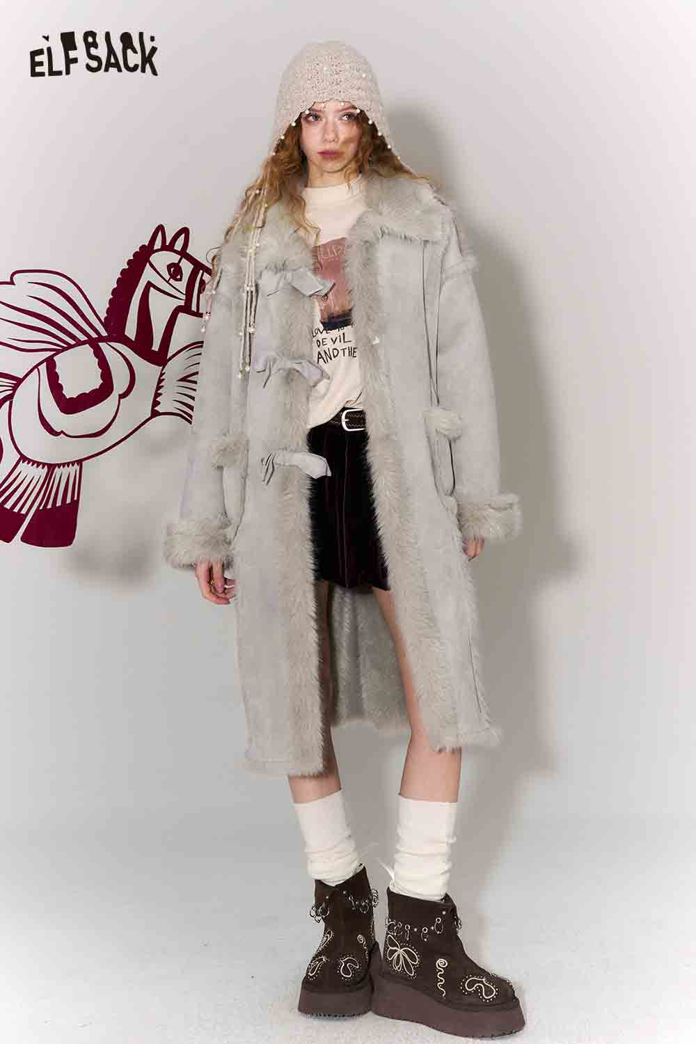 ELFSACK long wool coat for women featuring a cozy design and stylish accents