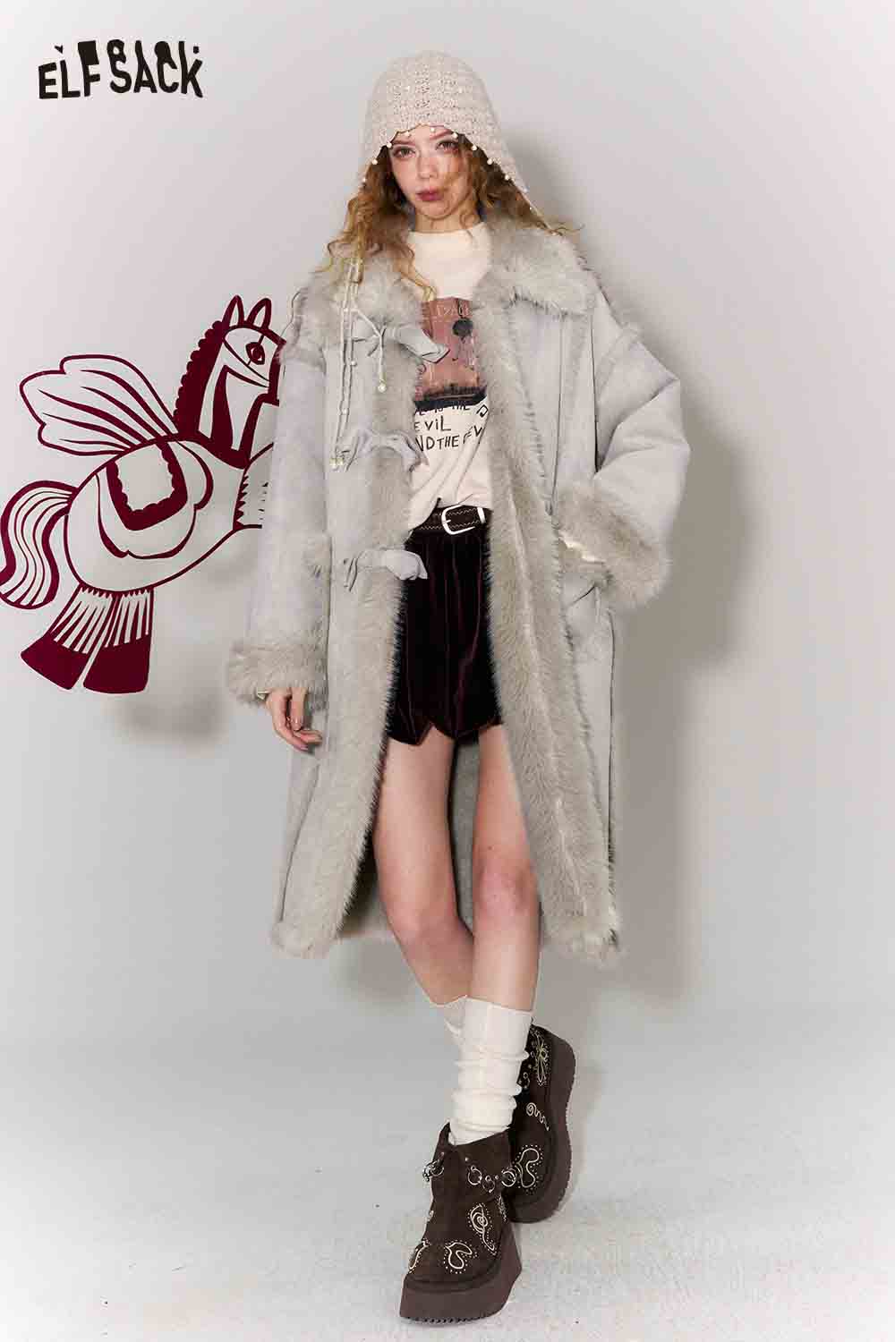 ELFSACK Long Wool Coat for Women with Cozy Fur Trim, Stylish and Warm for Winter Fashion
