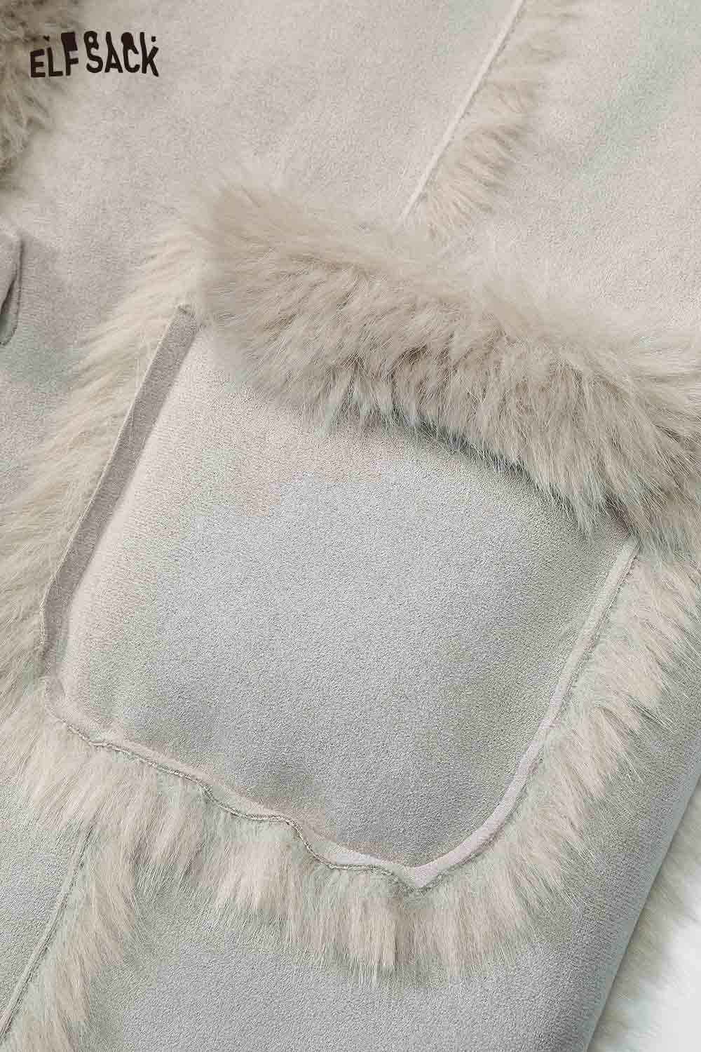 ELFSACK Long Wool Coat for Women with Soft Fur Trimmed Pockets in Light Gray