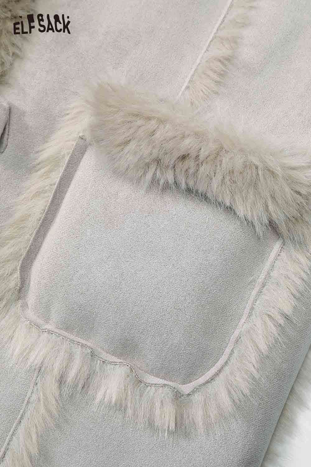 ELFSACK Long Wool Coat for Women with Soft Fur Trimmed Pockets in Light Gray