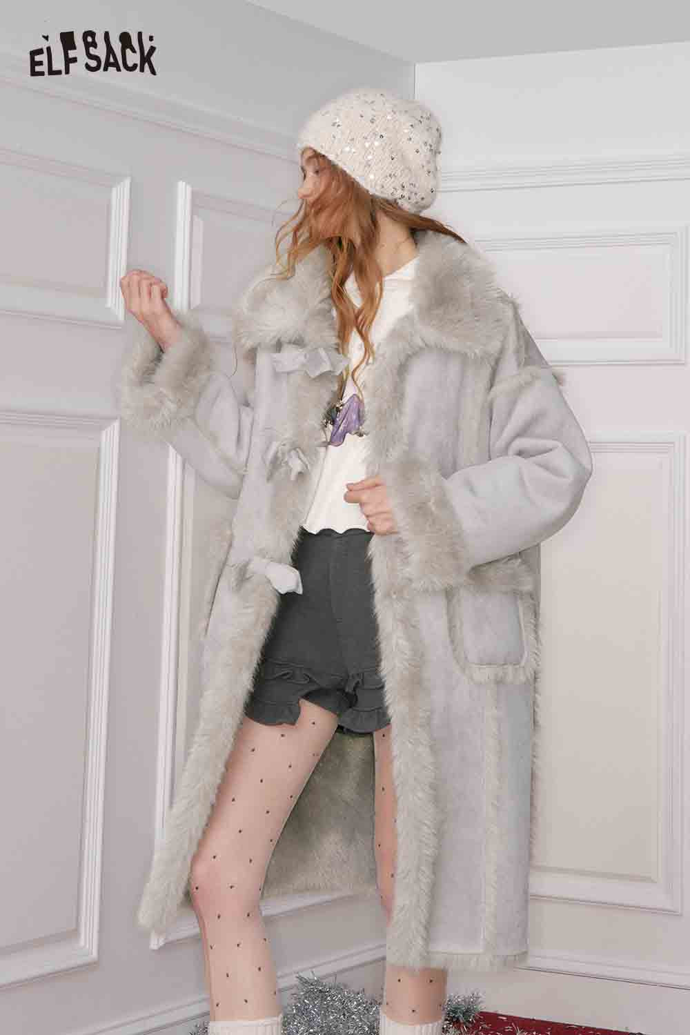 ELFSACK Long Wool Coat for Women with Faux Fur Trim and Pockets, Stylish and Cozy Winter Outerwear