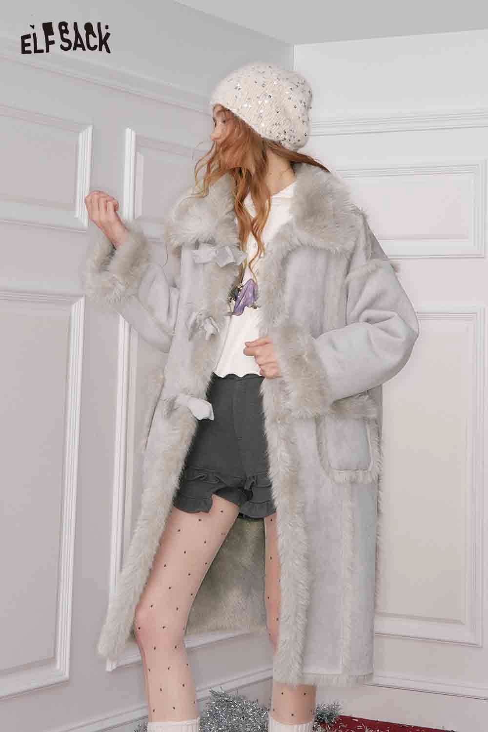 ELFSACK Long Wool Coat for Women with Faux Fur Trim and Pockets, Stylish and Cozy Winter Outerwear