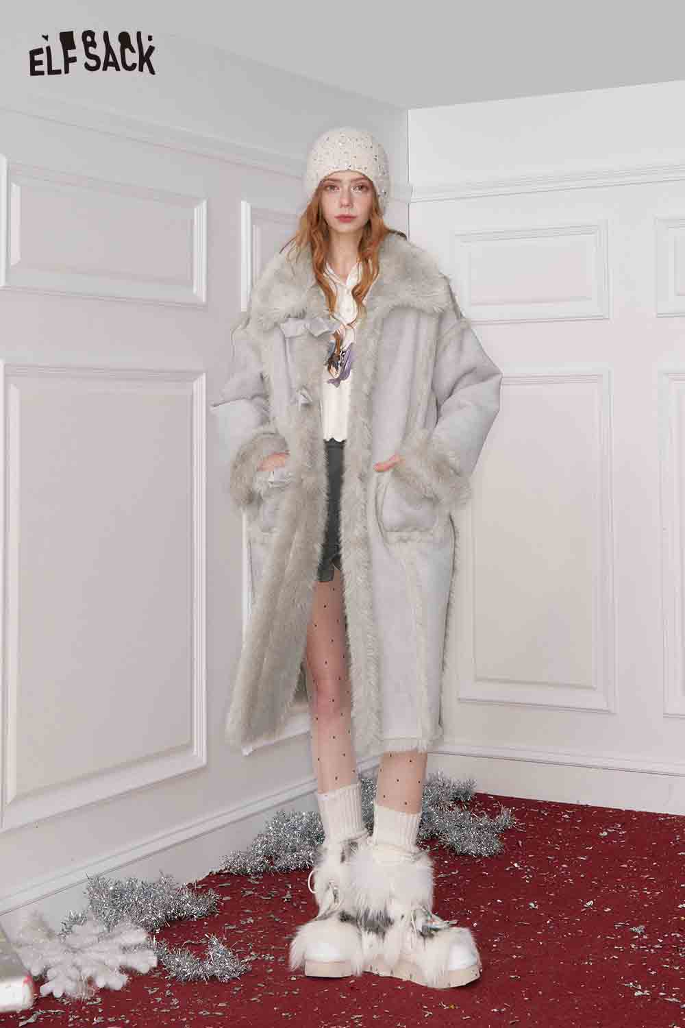 ELFSACK Long Wool Coat for Women in Light Gray with Plush Fur Accents and Pockets