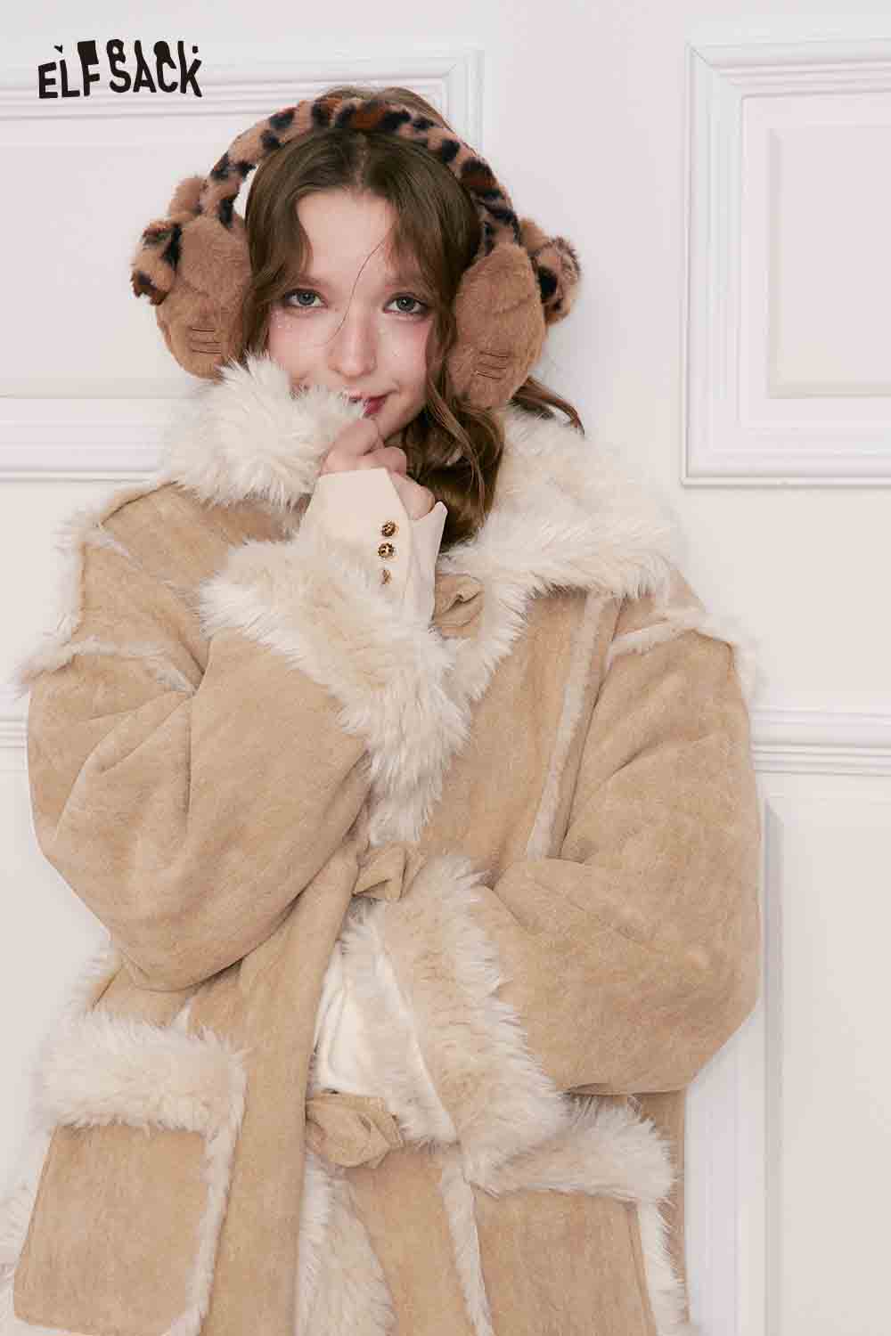 ELFSACK Cozy Beige Long Wool Coat for Women with Plush Detailing and Matching Earmuffs