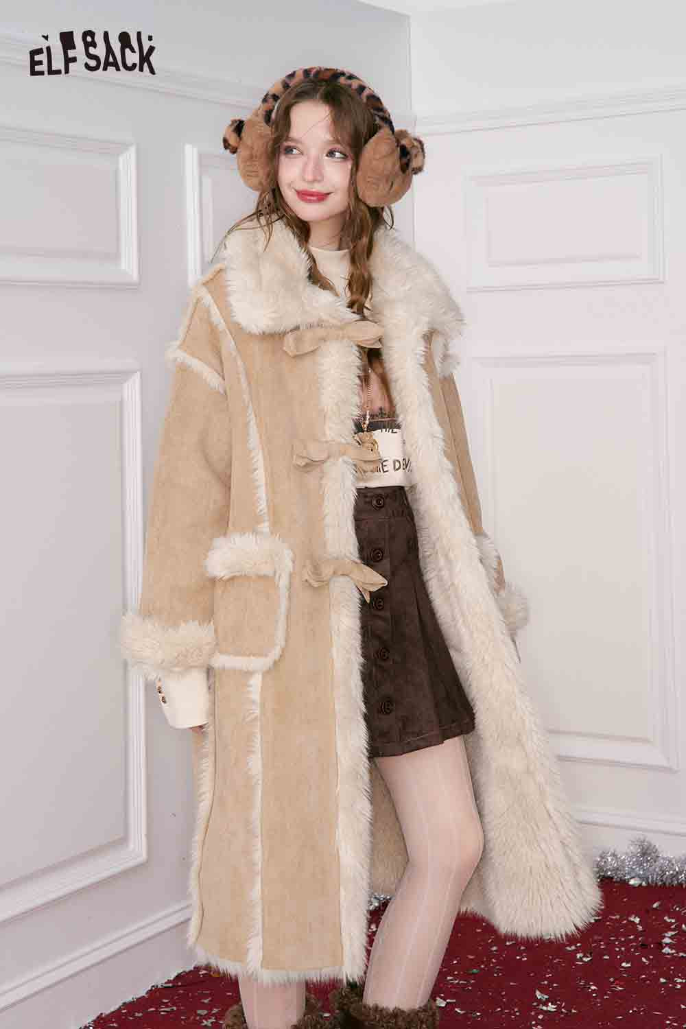 ELFSACK Long Wool Coat for Women with Shearling Trim and Pockets for Warmth and Style