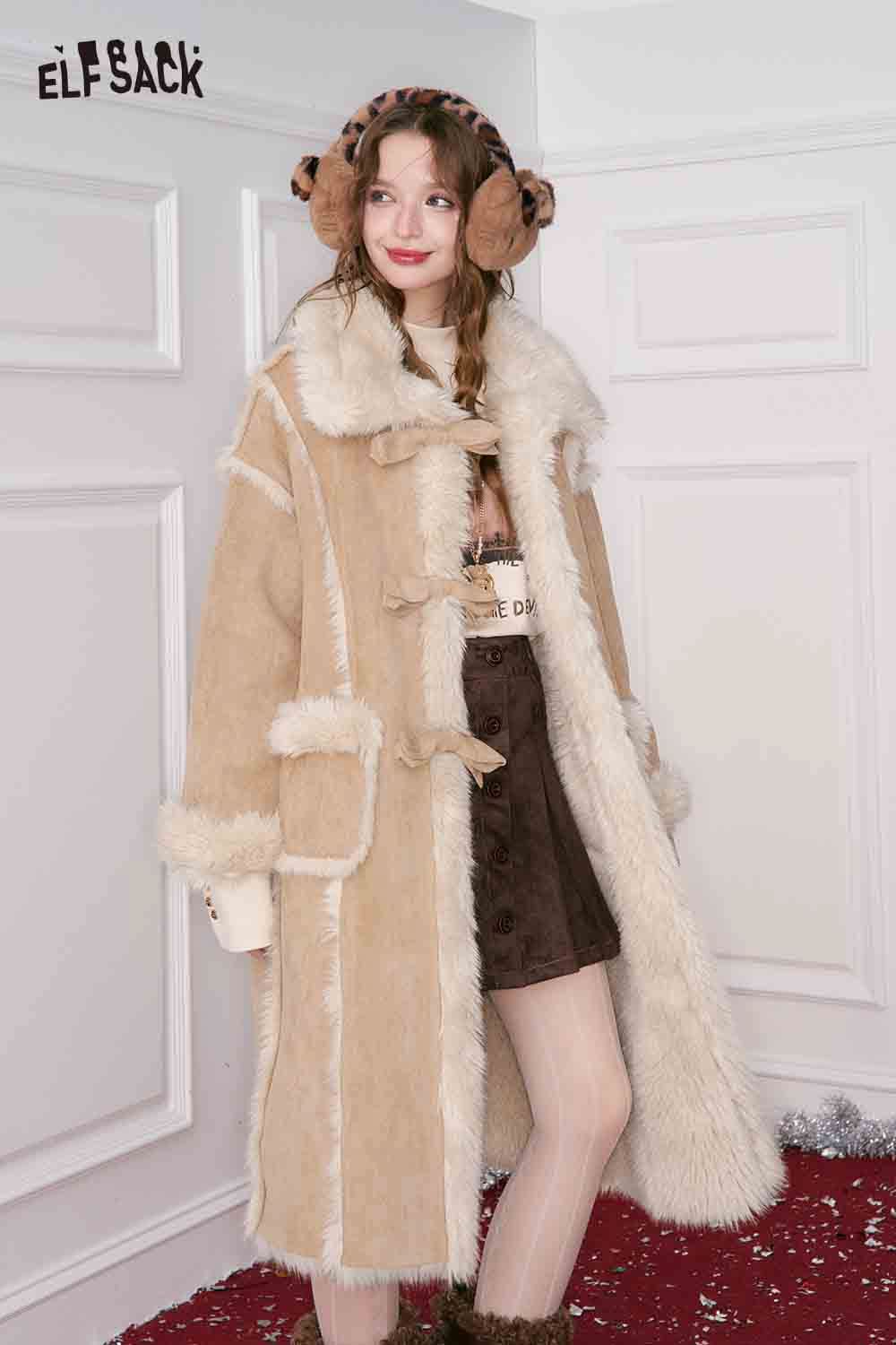 ELFSACK Long Wool Coat for Women with Shearling Trim and Pockets for Warmth and Style
