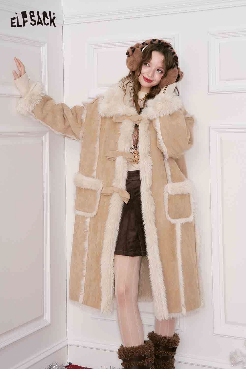 ELFSACK long wool coat for women with fluffy trim and pockets, perfect for cozy winter styling