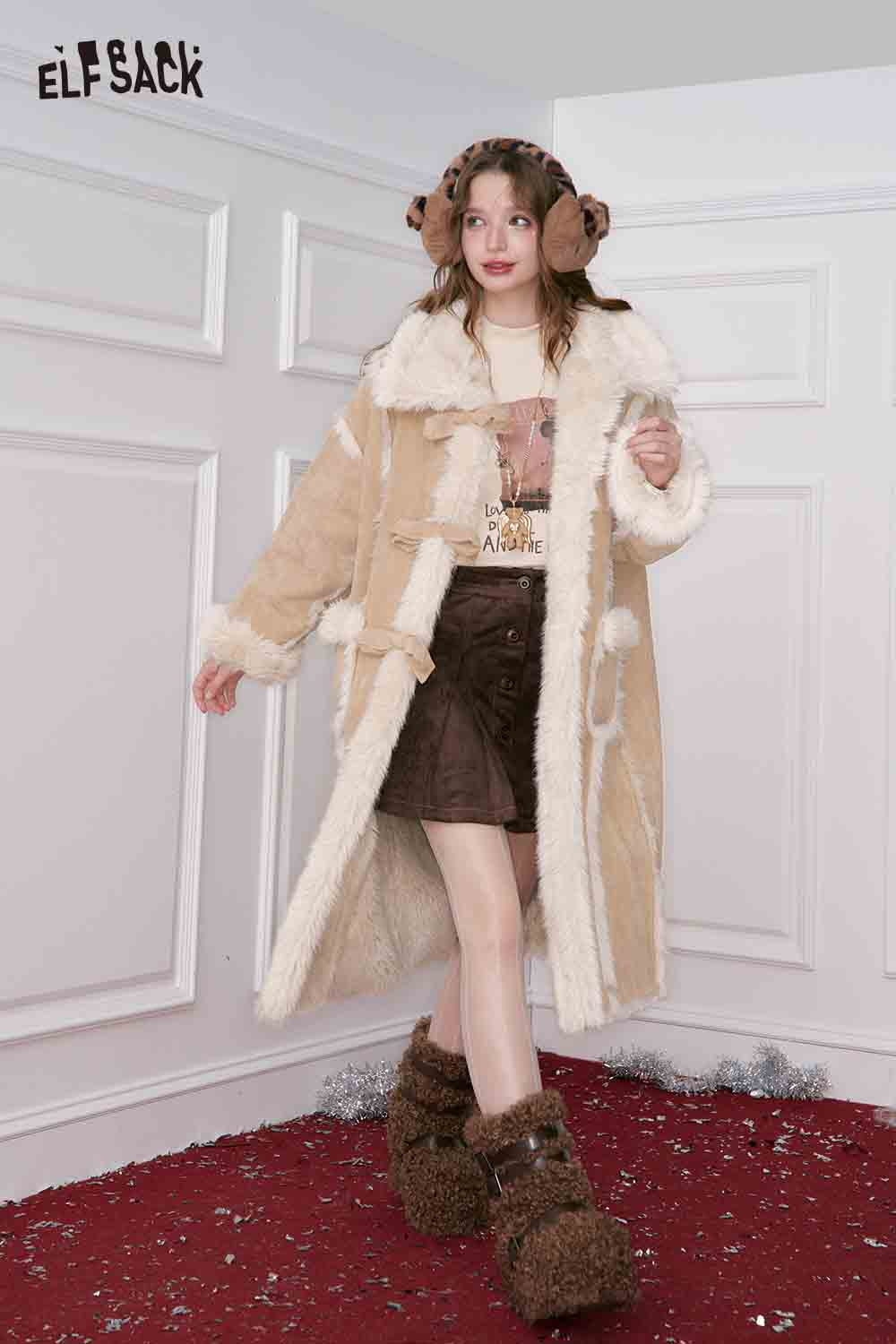 ELFSACK Long Wool Coat for Women in Beige with Plush Lining for Stylish Winter Comfort