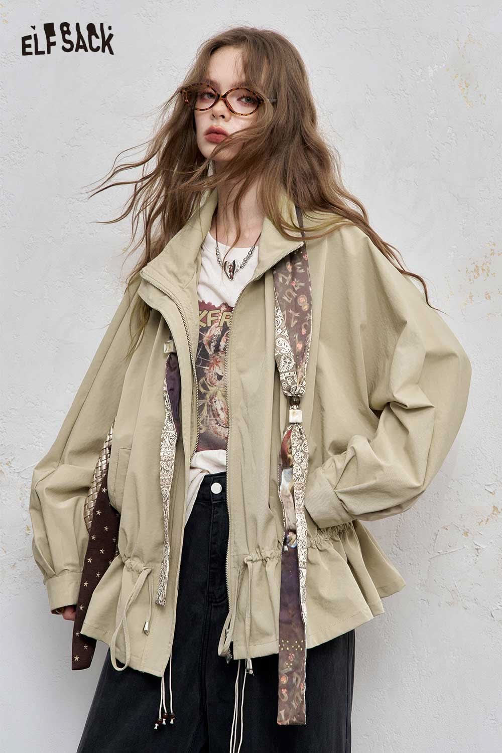 ELFSACK minimalist short jacket for women in beige with drawstring and unique detailing for casual style