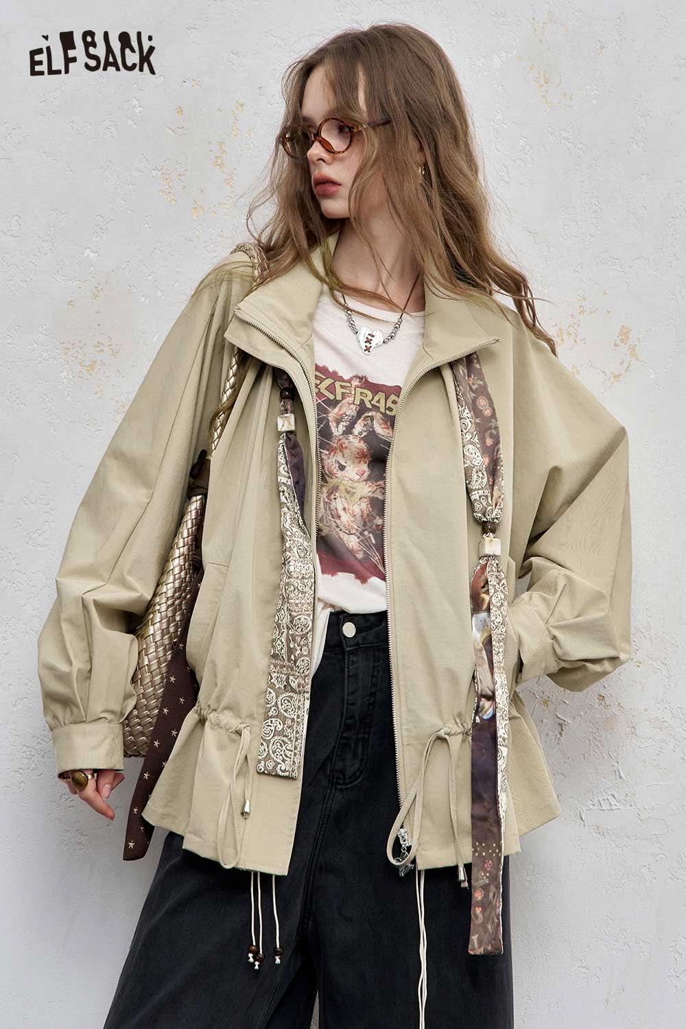 ELFSACK minimalist short jacket for women in beige with unique detailing and relaxed fit