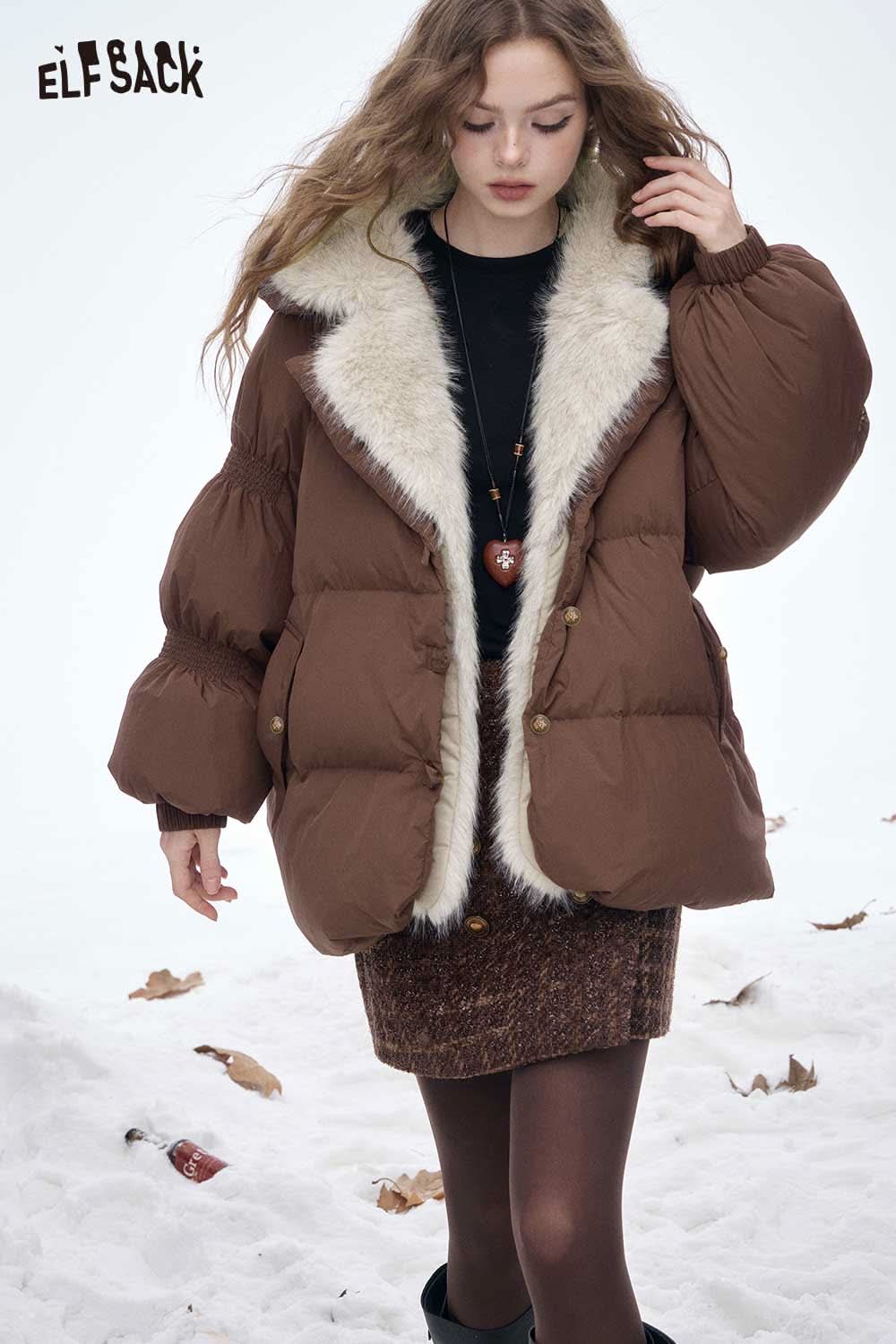 ELFSACK women's plush lined down jacket in brown with faux fur collar for winter warmth