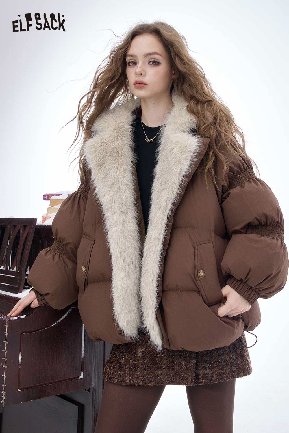 ELFSACK women's plush lined down jacket in brown with fur collar for warmth and style