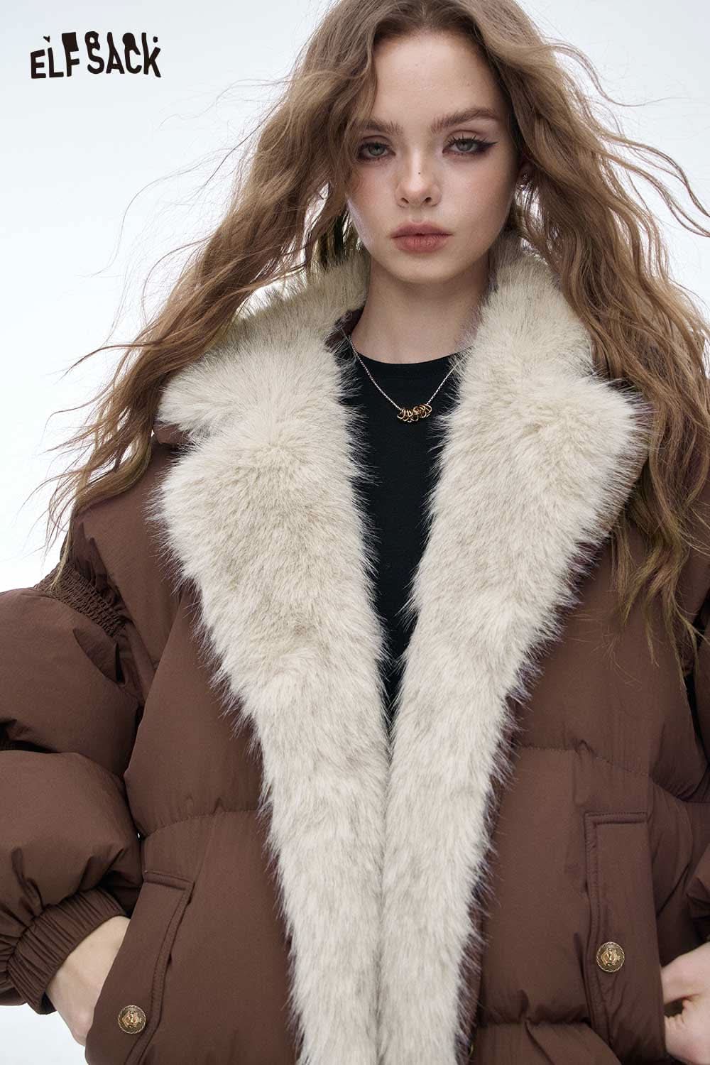 ELFSACK women's plush lined down jacket in brown featuring a cozy faux fur collar