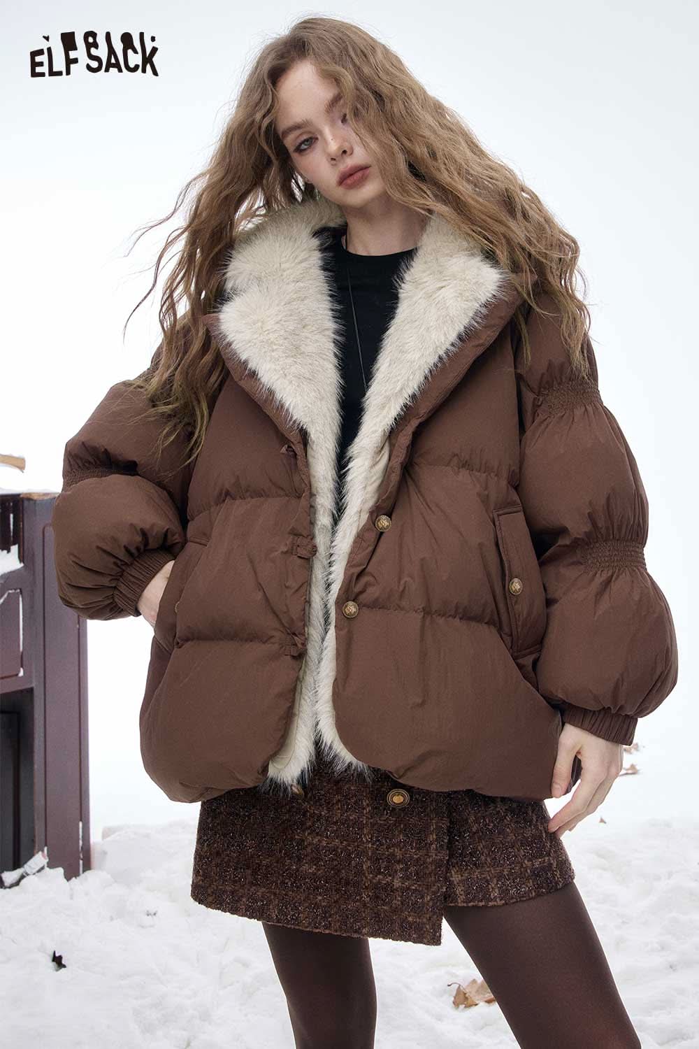 ELFSACK women's plush lined down jacket in brown with a cozy fur collar for winter warmth