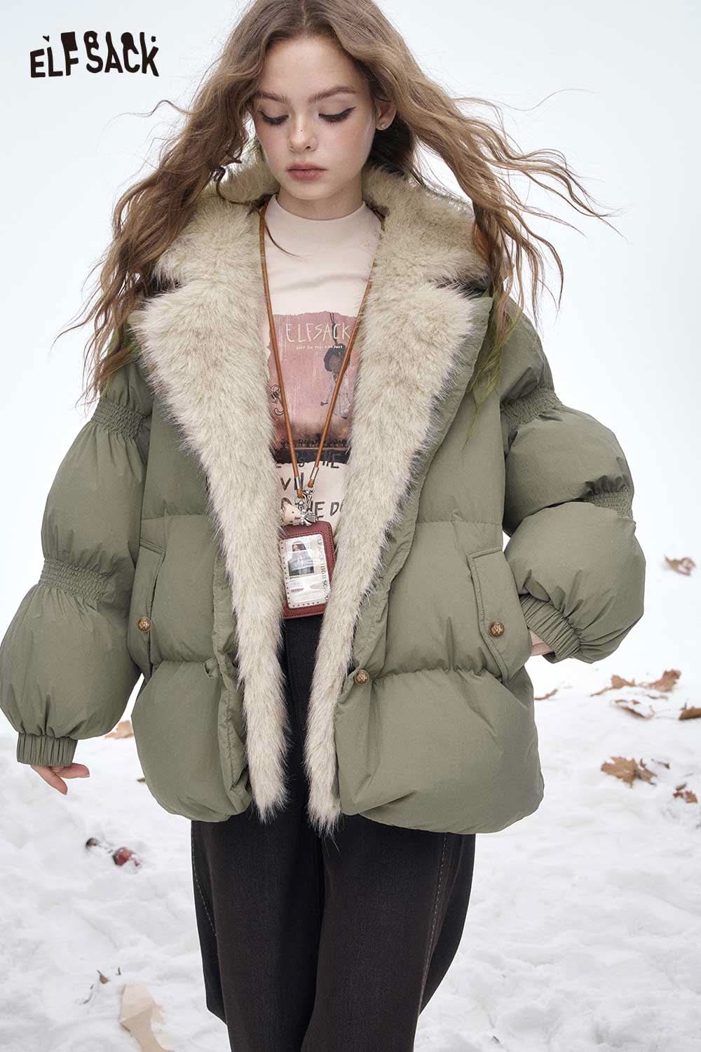 ELFSACK women's plush lined down jacket in olive green with faux fur collar for warmth and style