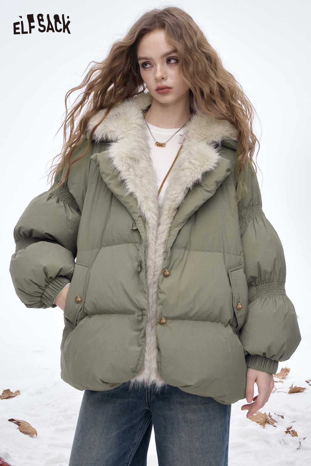 ELFSACK women's plush lined down jacket in olive green with fluffy collar and oversized fit