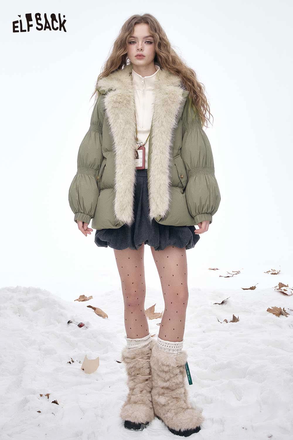 ELFSACK women's plush lined down jacket in olive green with faux fur trim for stylish winter warmth