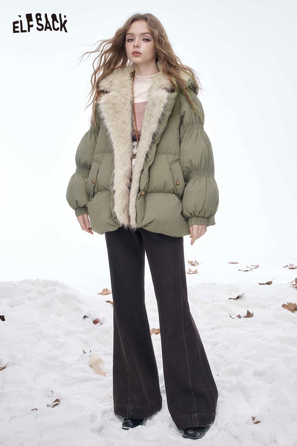 ELFSACK women's plush lined down jacket in olive with a faux fur collar for stylish warmth