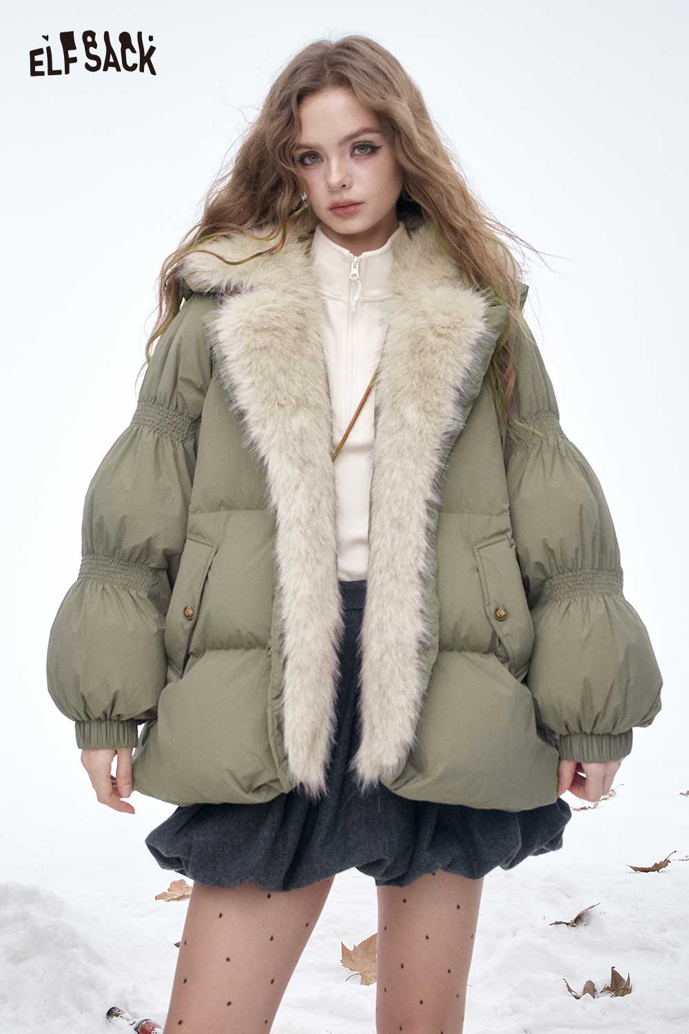 ELFSACK women's plush lined down jacket in green with fur trim and oversized sleeves for stylish winter warmth