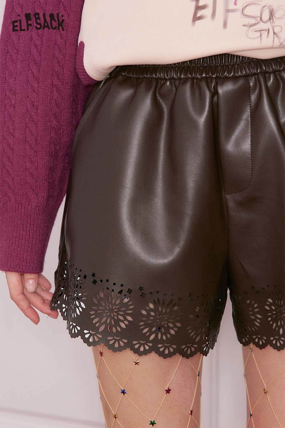 ELFSACK women's PU leather shorts with decorative laser-cut design and elastic waistband